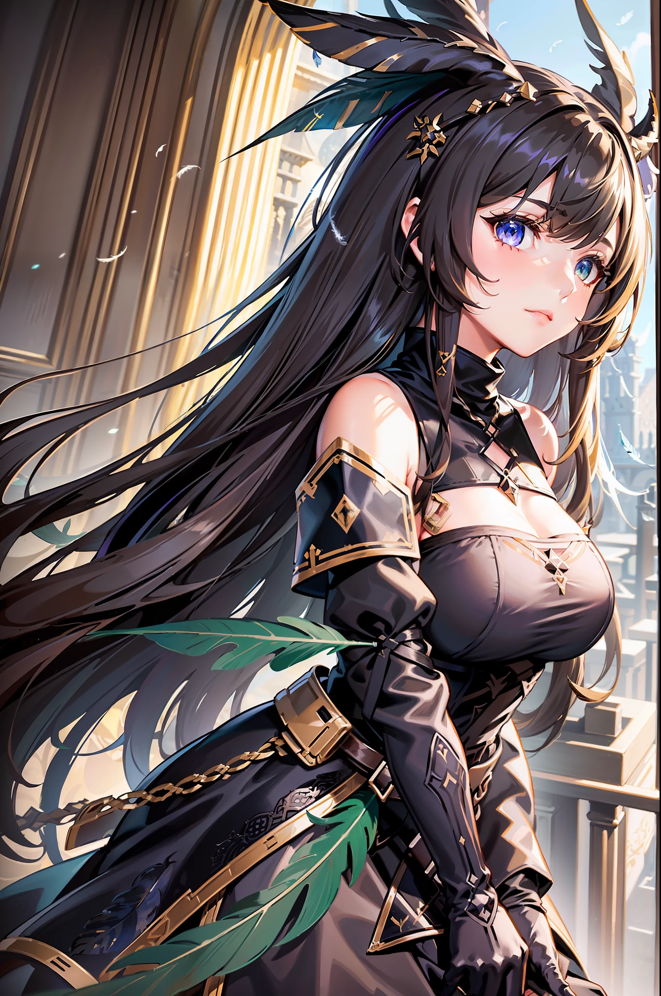 Medieval, extremely detailed CG wallpaper, (arknights: 1.01), (cygames: 1.03), solo, a woman wearing an off-the-shoulder bandeau dress, black tunic, black gloves, long brown hair, green eyes, (many feather decorations: 1.15), lilac eyeshadow