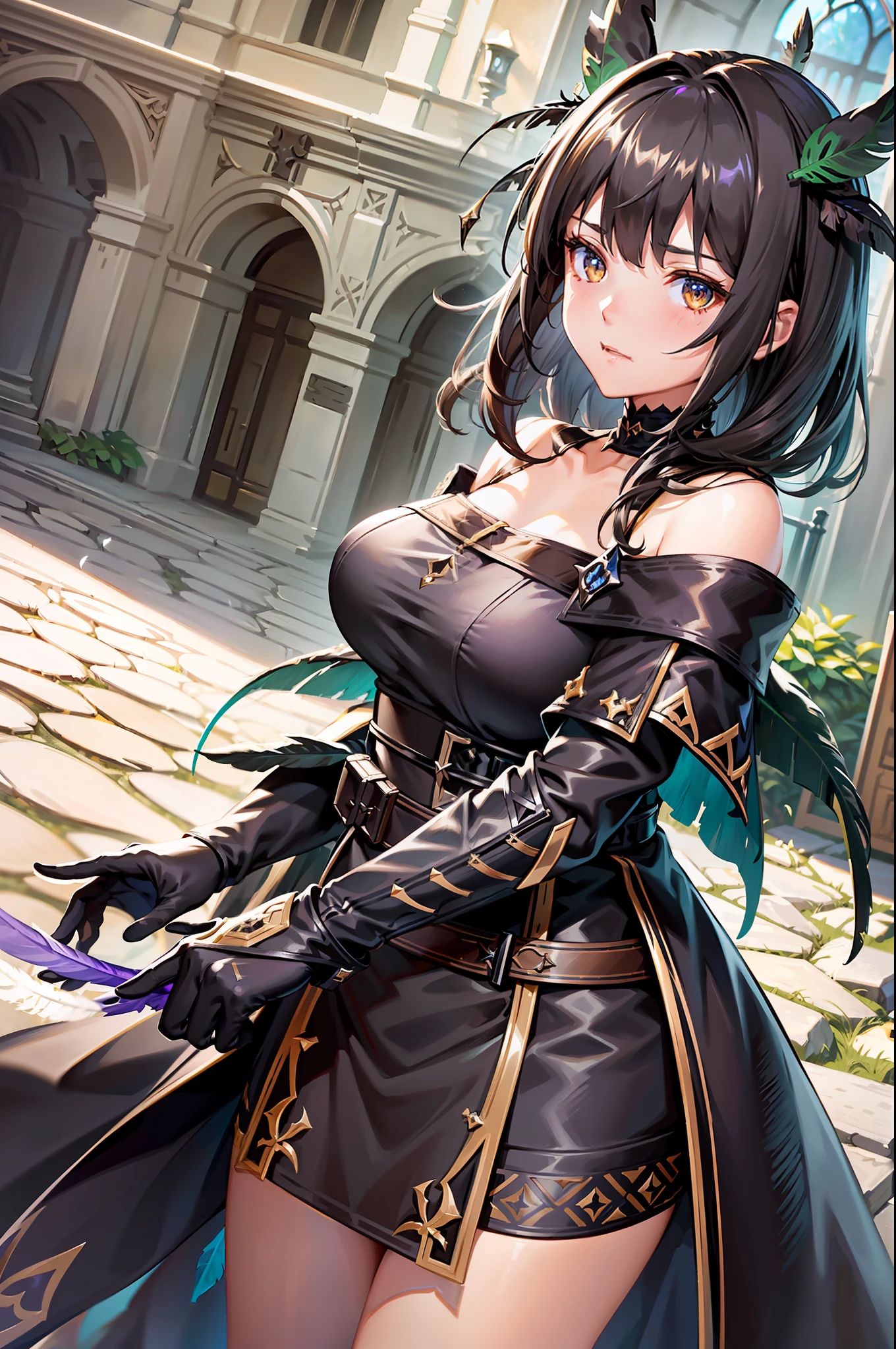 Medieval, extremely detailed CG wallpaper, (arknights: 1.01), (cygames: 1.03), solo, a woman wearing an off-the-shoulder bandeau dress, black tunic, black gloves, long brown hair, green eyes, (many feather decorations: 1.15), lilac eyeshadow