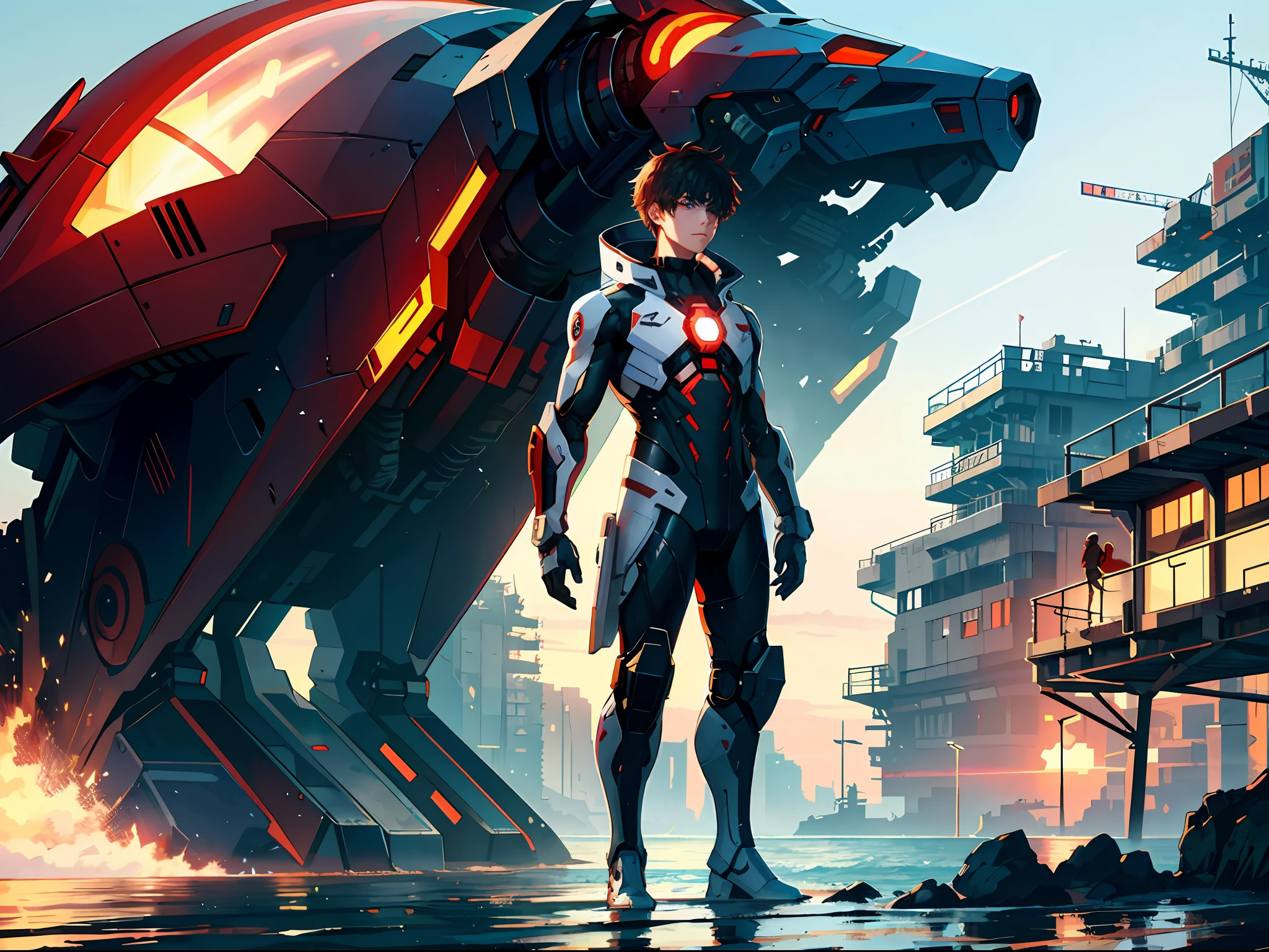 HD clear, best images, illustrations, super detailed, a young teenager in a cyberpunk style (white combat suit), detailed face, and facial features, standing on the seaside pier, revealing a deep breathing expression, behind him is a huge red mech