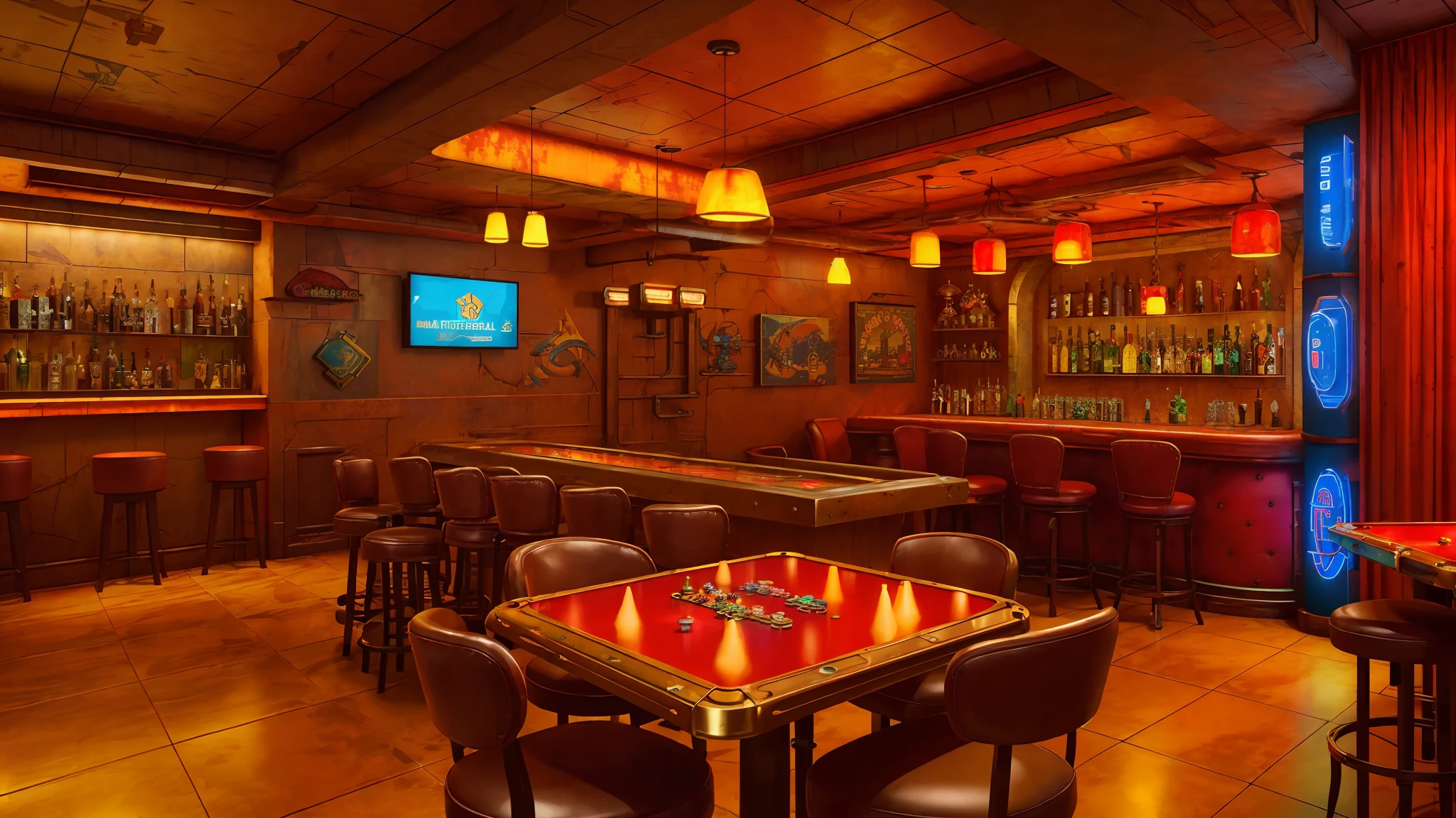 Professional high quality, photographic (retro
Board Game Bar (Indoor)),
Architect Portfolio, CG Association,
By Jonny Valiant, 8k resolution, detailed, focused, cyberpunk, metallic