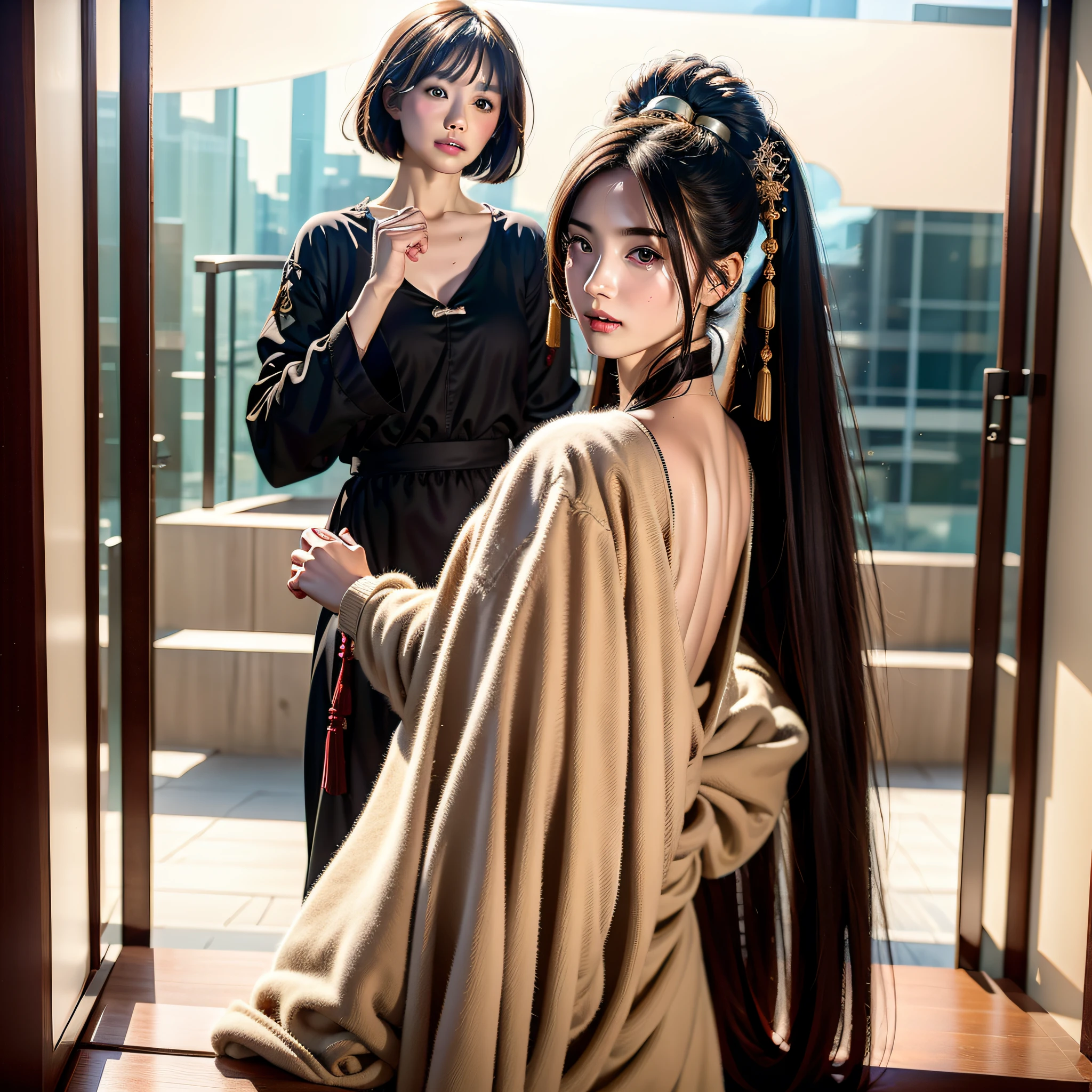 A Chinese girl 18 years old Beautiful eyes, real skin, delicate face, full body picture, hanfu, clothing details, skin details, slim body, delicate and delicate, short hair, black hair, blunt bangs ,beauty, best quality, super detailed, masterpiece, fine detail, high resolution, 8k wallpaper, realistic details, skin details, photoshop \(medium), super detailed, high resolution, extremely detailed, cinematic lighting texture, beautiful, perfect, hd