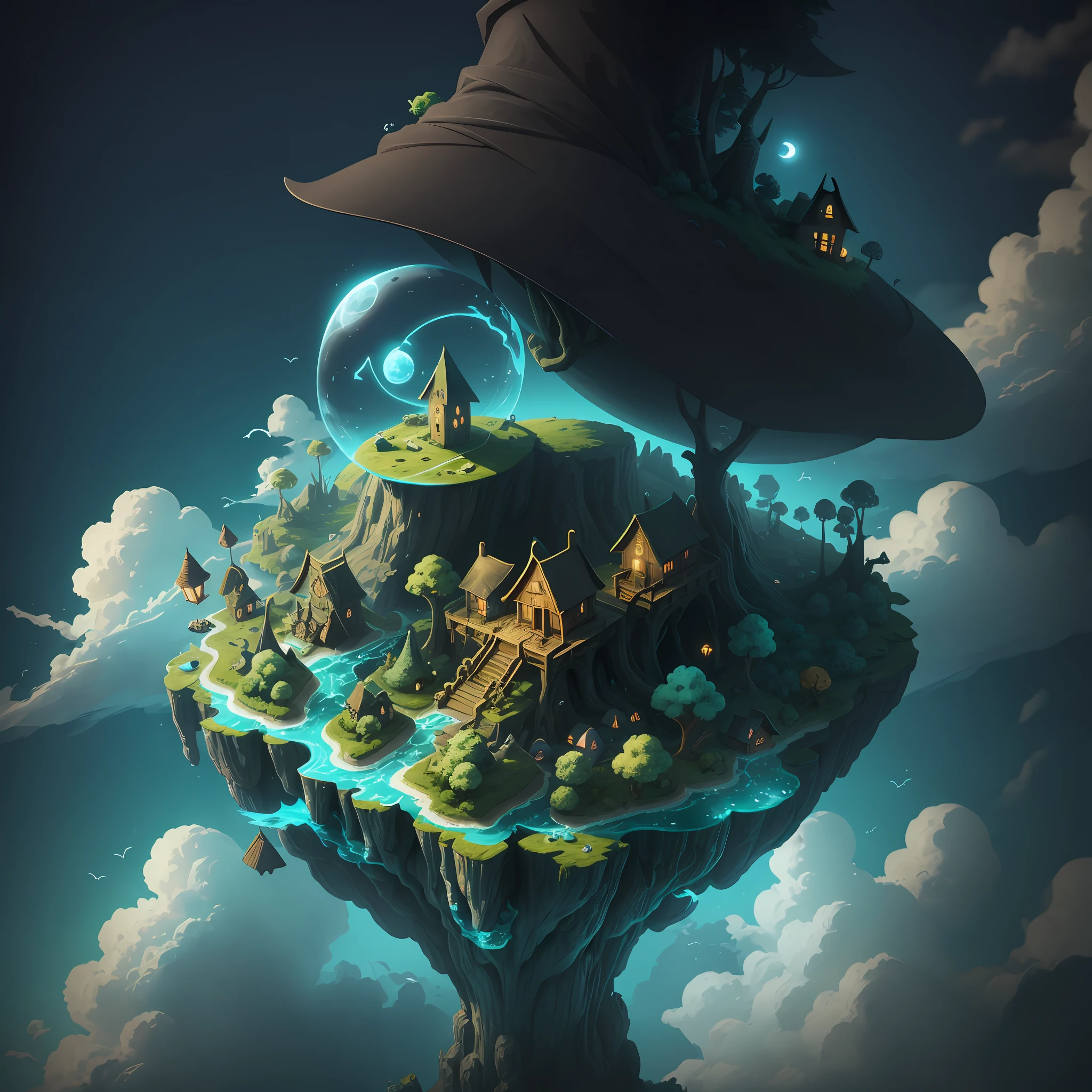 The witch is on an island in the air, cute, cool shape, complex details, obvious sense of space before and after, the picture should have impact, 3D --auto --s2
