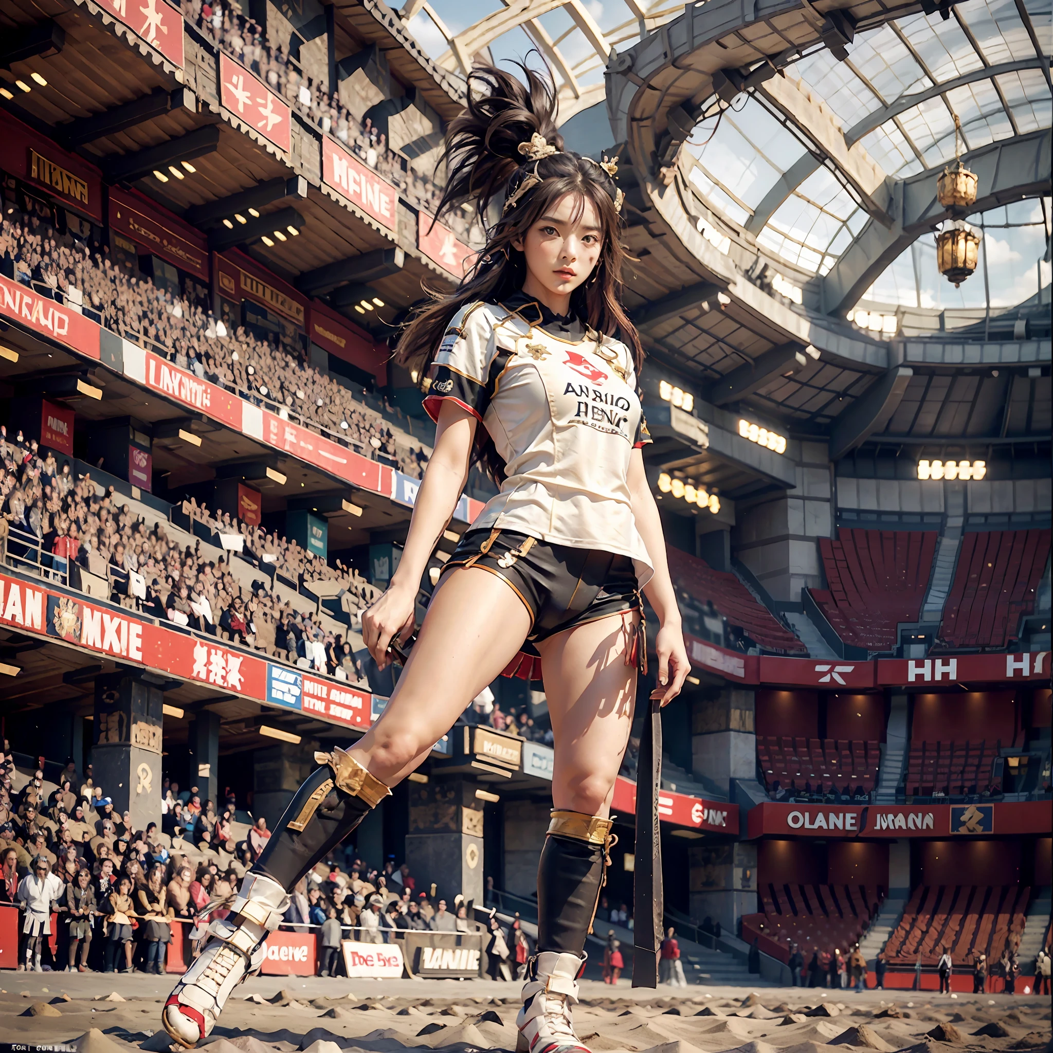 Uhd, realistic, beautiful young French woman, black football outfit, in a stadium, whistle, feet, dynamic pose --auto --s2