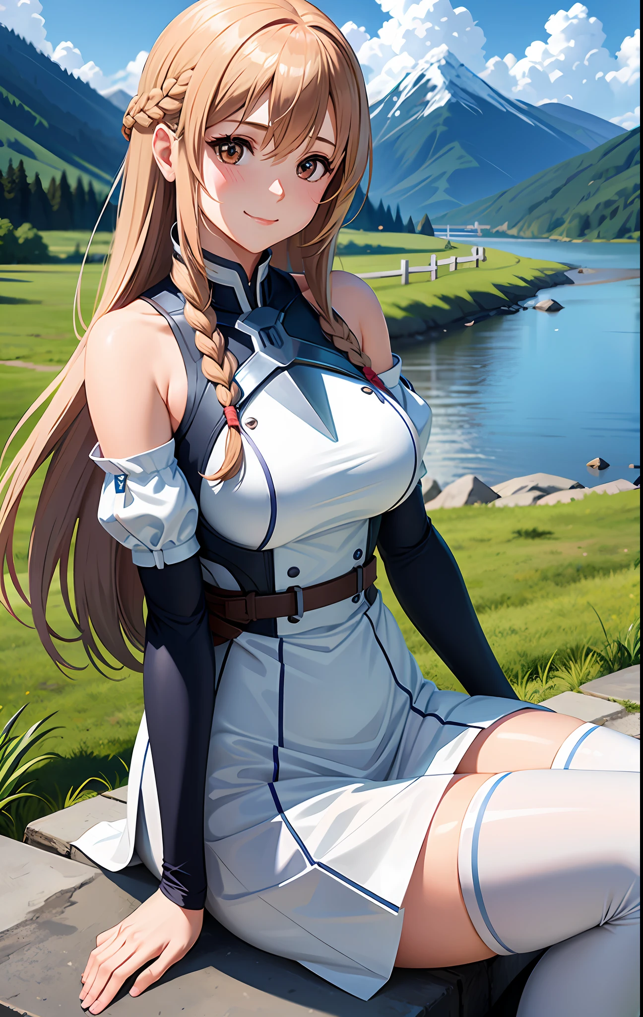 1girl, asuna_\(sao\), bangs, bare_shoulders, blue_sky, blush, boots, braid, breastplate, breasts, brown_eyes, closed_mouth, cloud, cloudy_sky, day, detached_sleeves, grass, hair_between_eyes, long_hair, looking_at_viewer, mountain, outdoors, rock, sitting, skirt, sky, smile, solo, thighhighs, very_long_hair, big boobs