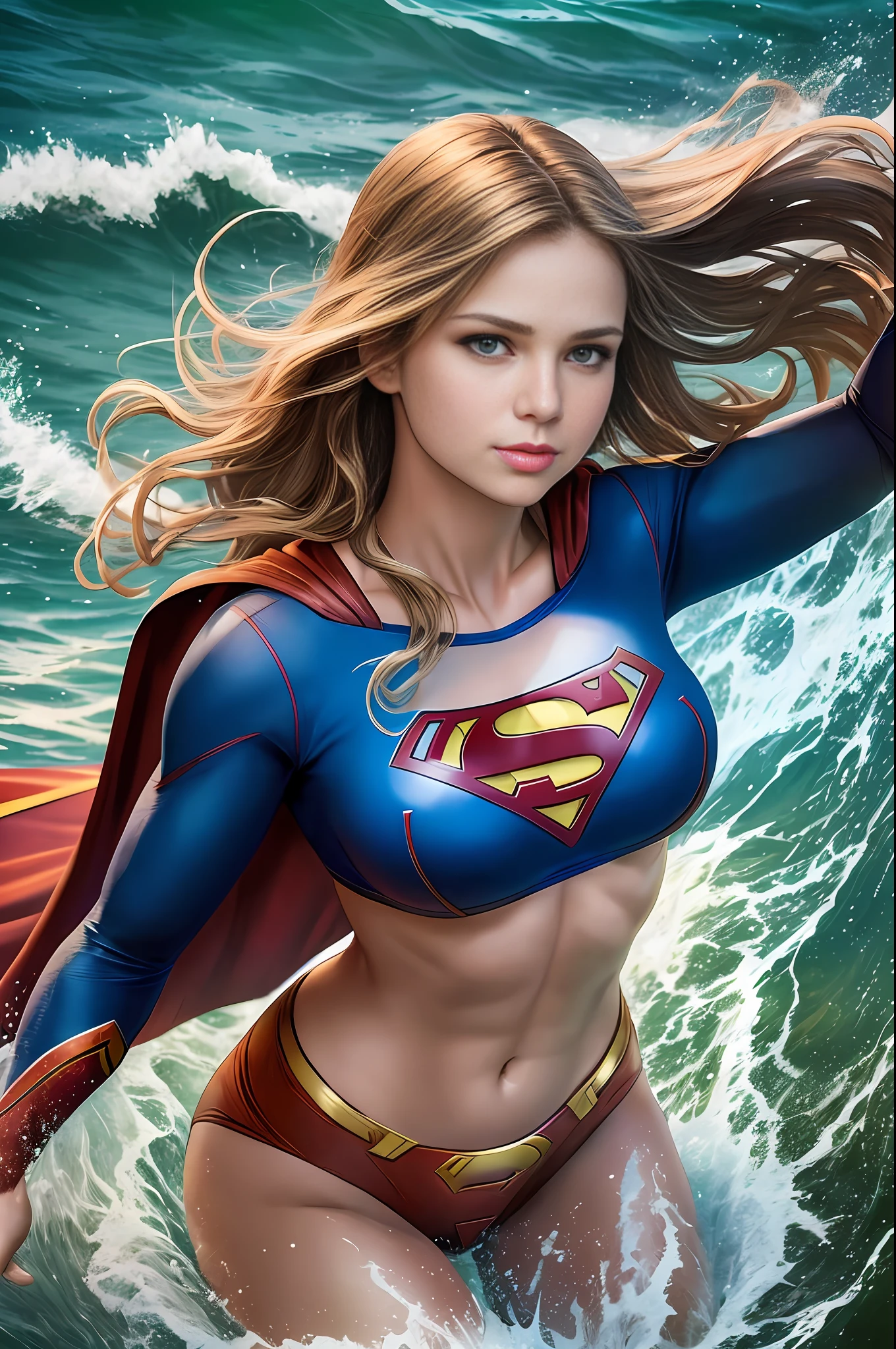 Best Quality, Masterpiece, (Realistic: 1.2), Photo-realistic, a single Supergirl in a bikini flying at the wave of the water of a lake, chest peeled forward, slight smile