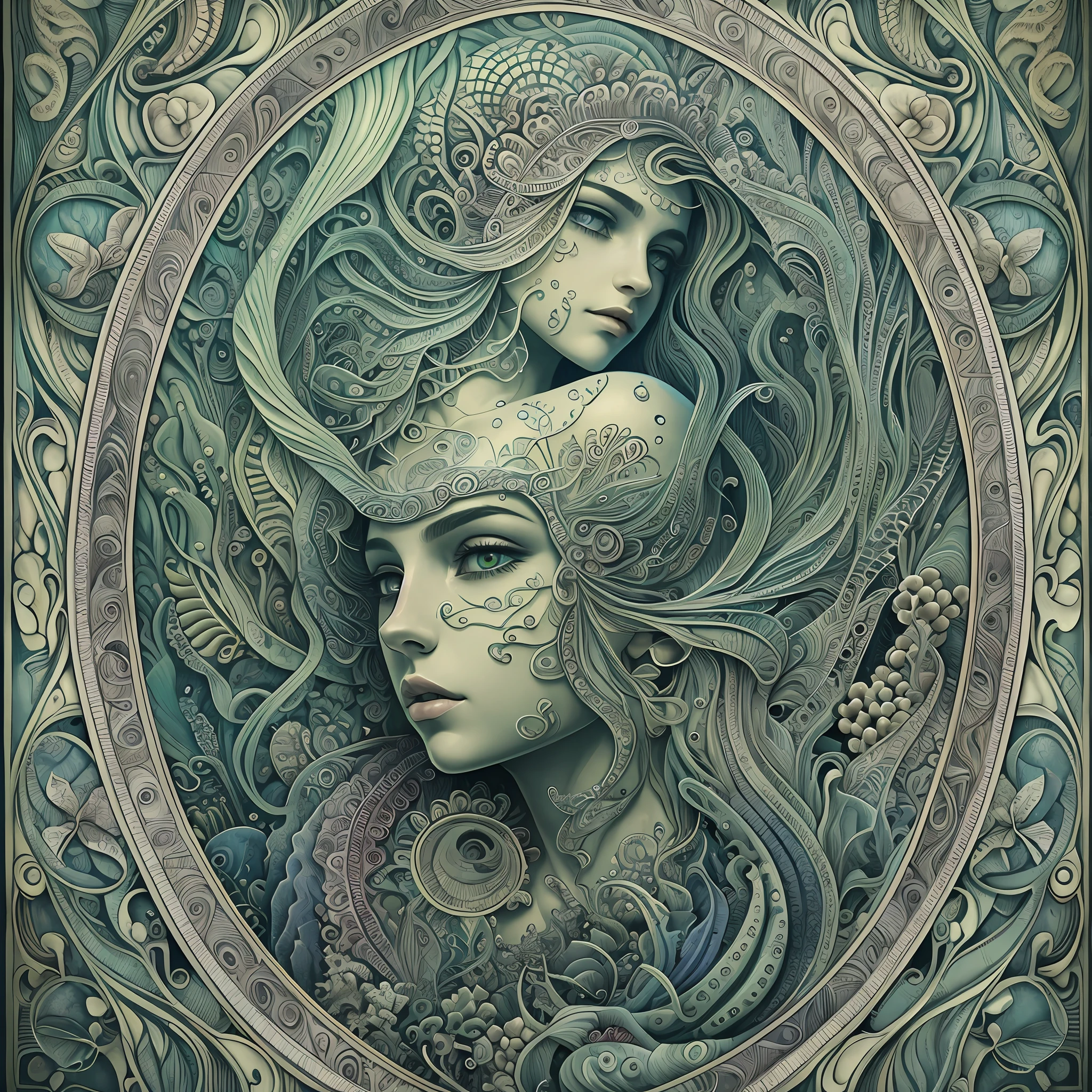 Realism, (Masterpiece, Top Quality, Best Quality, Official Art, Beauty and Aesthetics: 1.2), Very Detailed, Most Detailed, Zentangle, Underwater World, Algae, Translucent, Three Krakens, Genderless --auto --s2