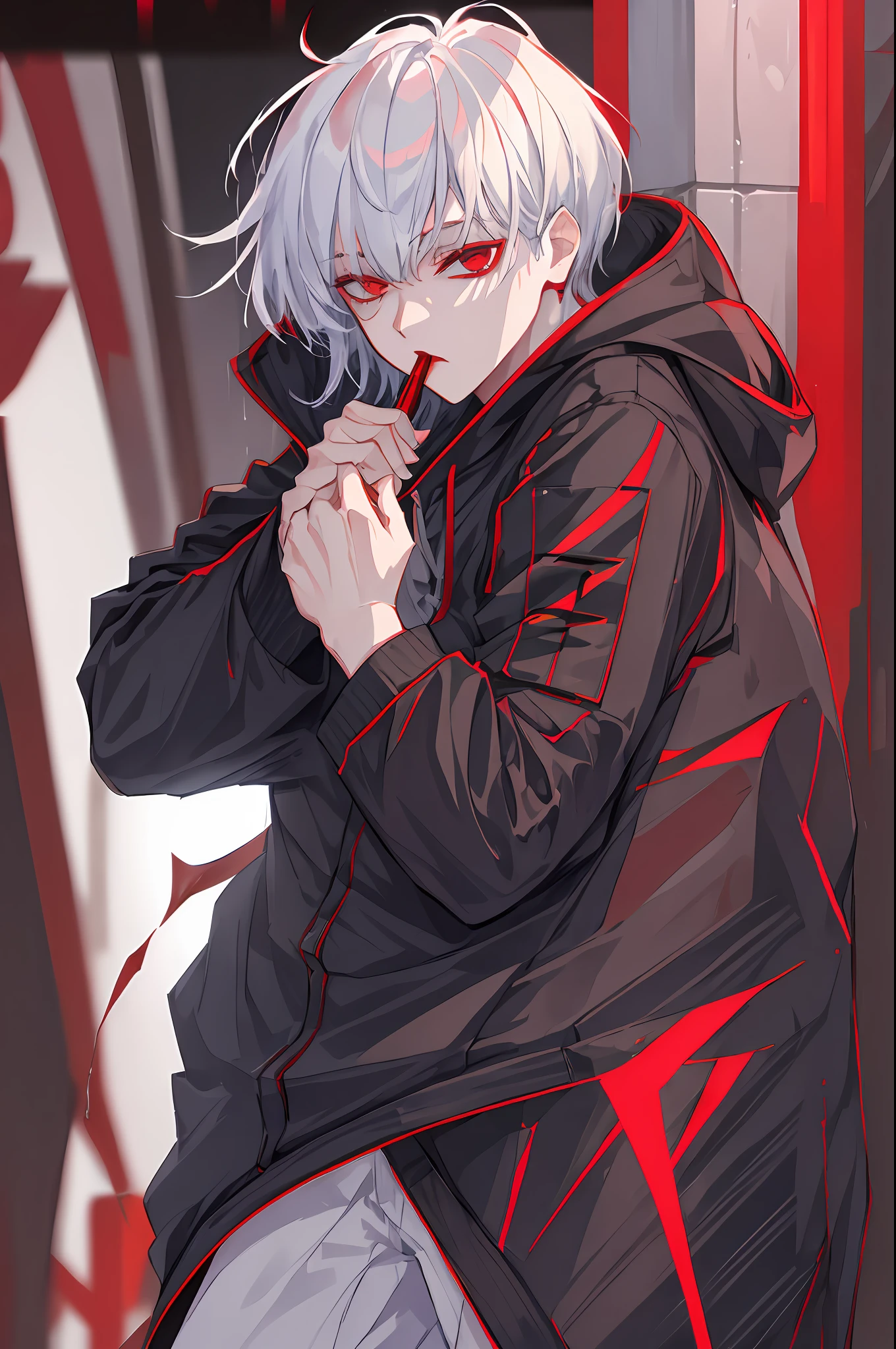 kk, best quality, more details, masterpiece, 1boy, kaneki ken, portrait, male focus, red eyes, solo, bangs, looking at viewer, hood, short hair, rain, tokyo tokyo \(city\),  hood up, nail polish, white hair, luxurious, 8k, detailed, ray tracing, depth of field, cinematic lighting,