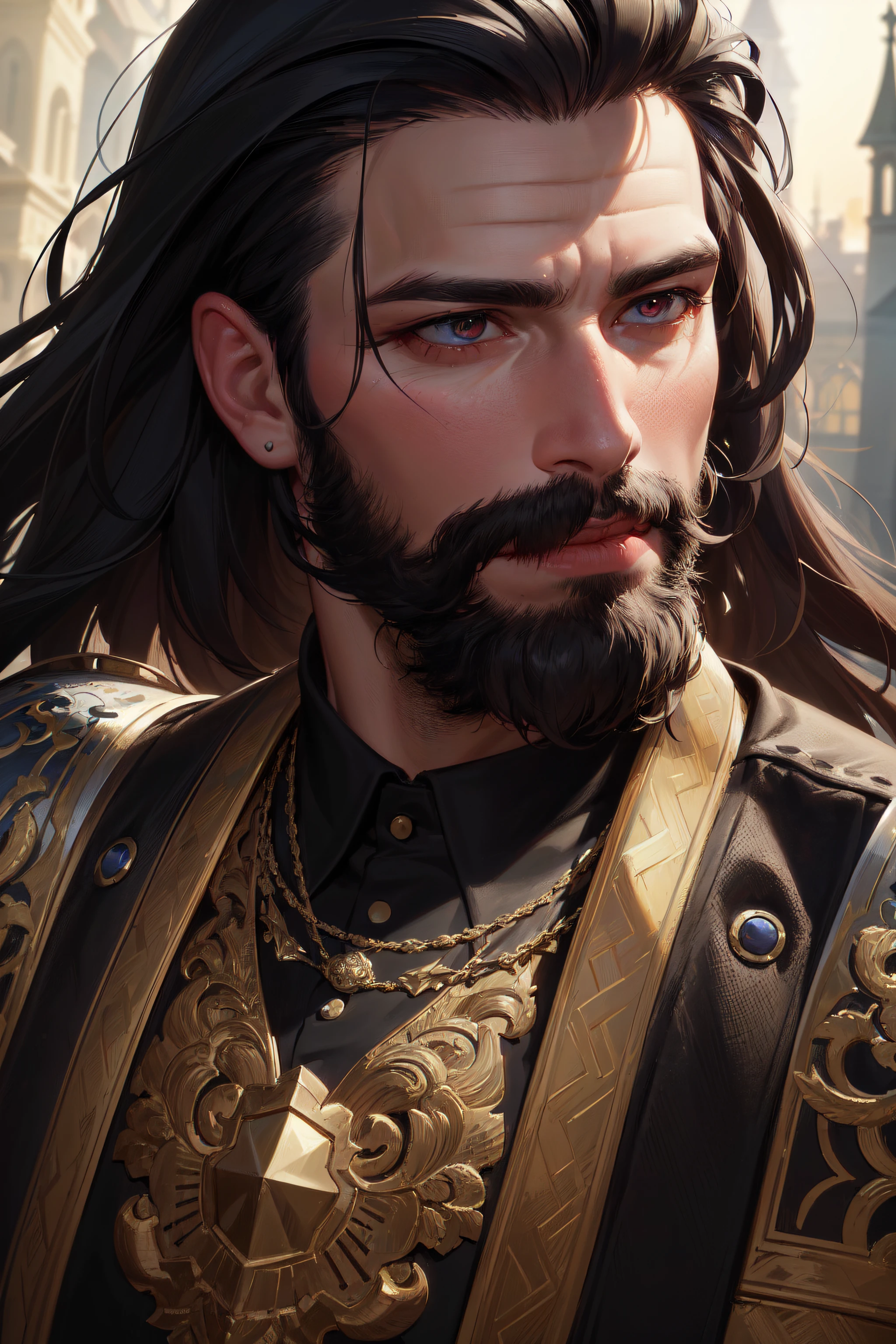 (Best Quality, Masterpiece:1.4), (Realism:1.2), (Realisitc:1.2), (Absurdres:1.2), 4K, Detailed, Ultra-Detailed, Digital Art, Detailed Face, (Hyper-Detailed Eyes:1.2), (Ornate:1.2),
Town, (Renaissance:1.2), Vintage,
Solo, (Male:1.2), (Brutal:1.2), (Face Focus:1.2), (Face Close-Up:1.1),
Black Hair, Long Hair, (Black Beard:1.2),
Armor, (Large Detailed Pauldrons:1.2), Shoulder