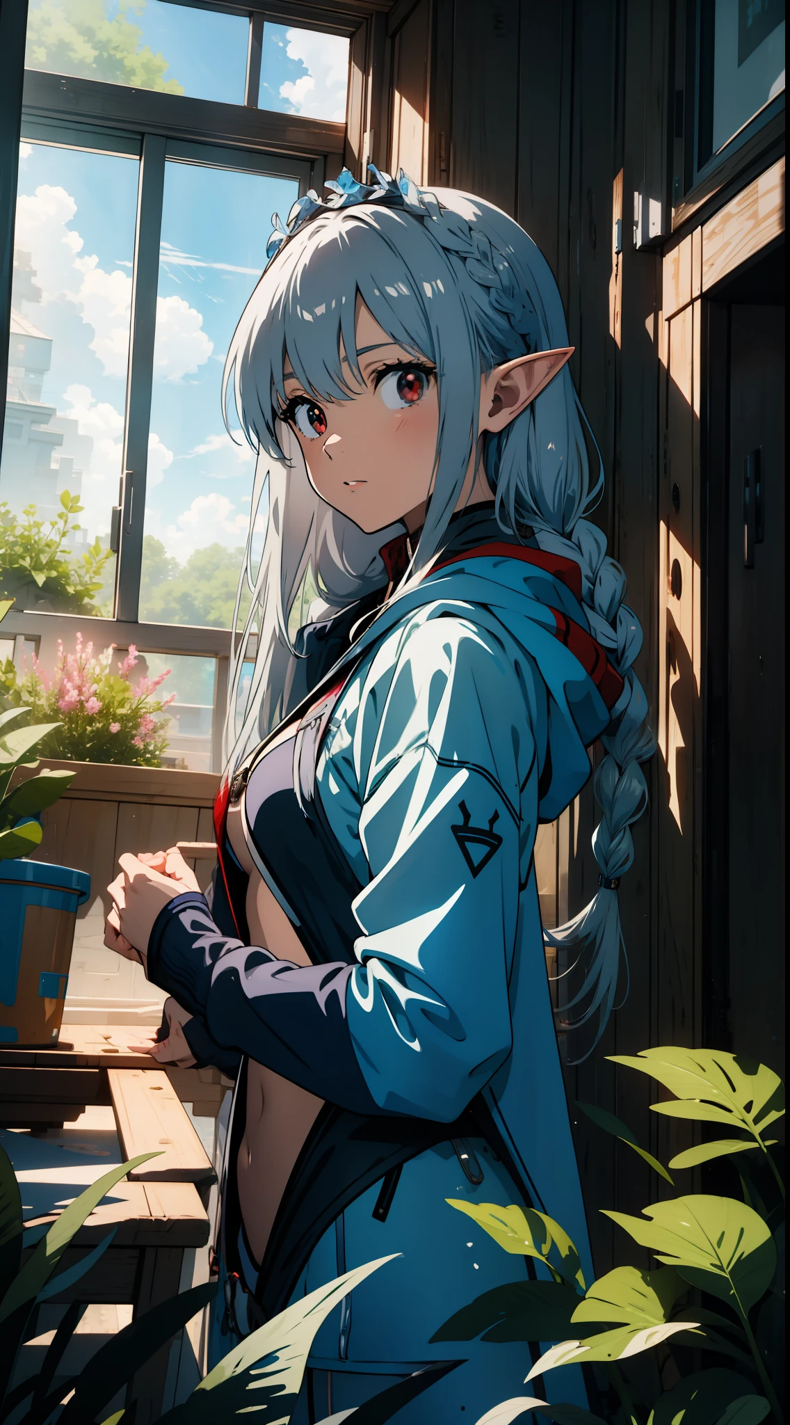 (Masterpiece), (Best Quality), Underwater, Holding Knees, One Girl Close Up, Swimsuit, Bikini, Hoodie, Elf, Silver Hair, Red Eyes, Braid, Concept Art, Official Art, Beautiful Anime Scene, Top Rated on pixiv