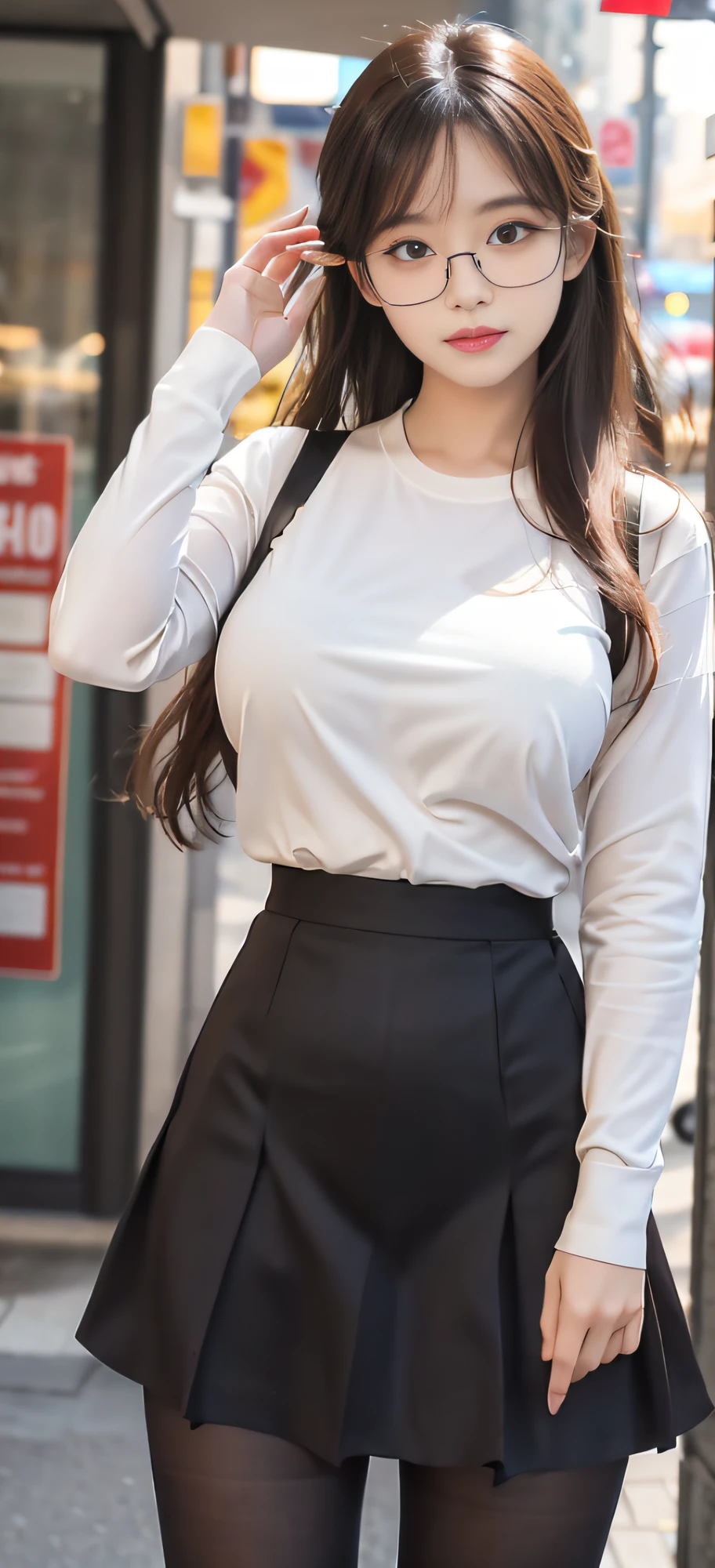 ulzzang-6500-v1.1, (raw photo:1.2), (photorealistic:1.4), beautiful detailed girl, very detailed eyes and face, beautiful detailed eyes, ridiculous, incredibly ridiculous, huge file size, super detailed, high resolution, very detailed, best quality, masterpiece, ((fashion clothing with diverse colors)), illustration, very detailed, CG, unified, 8k wallpaper, amazing, fine detail, masterpiece ,best quality, very detailed CG uniform 8k wallpaper, light on face, movie lighting, 1girl, , long white hair, side splits, (big breasts), (no panties)), (glasses), ((dynamic pose))), ((sexy pose))), (camel toe), (half), (pantyhose)), ((black hip skirt))