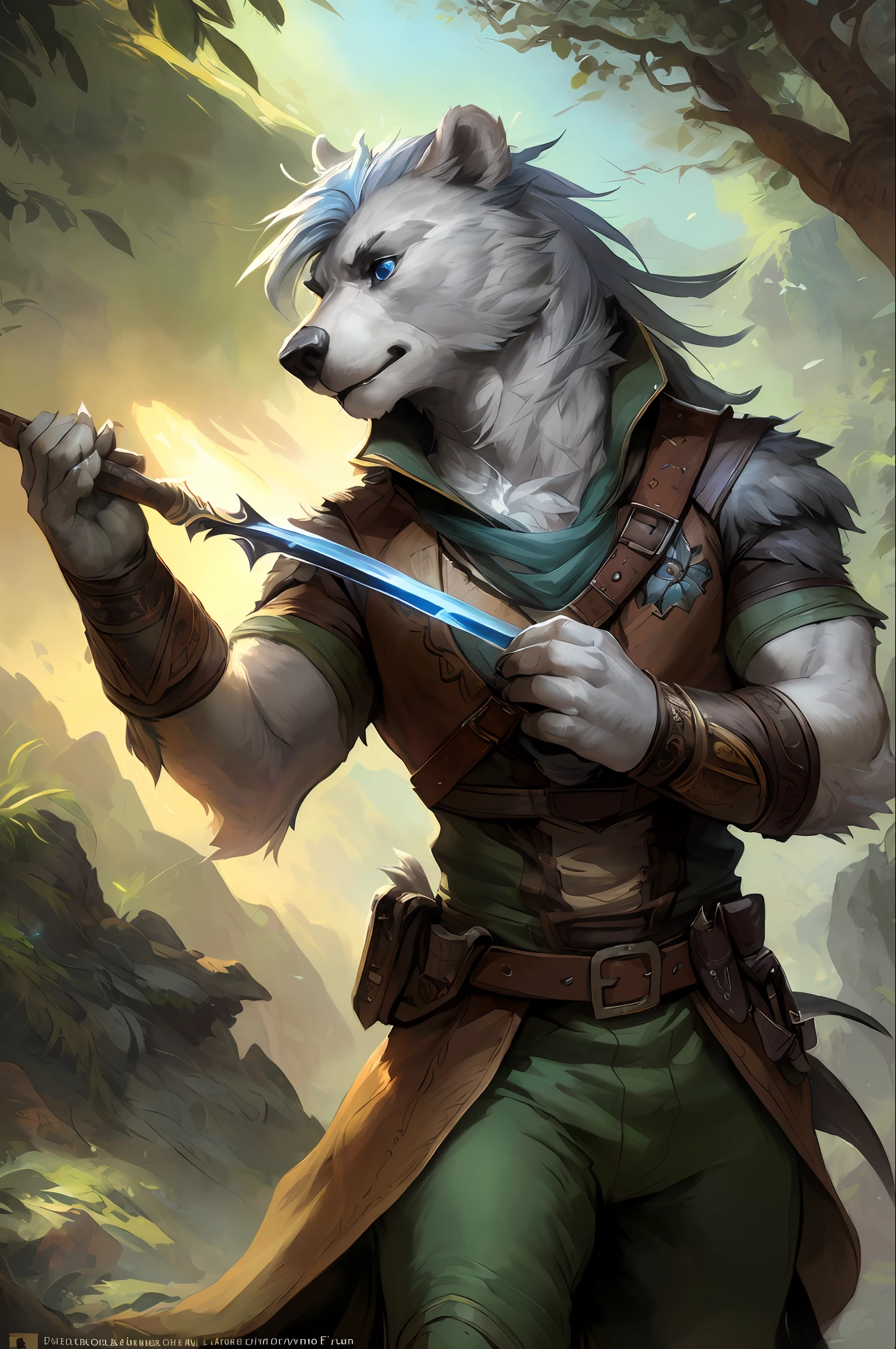 kenket, ross tran, ruan jia, bonifasko, a male bear made out of (wandering ranger), azure eyes, gray mane of hairs, fantasy portrait, finely detailed tunic, intricate design, double blades, silk, cinematic lighting, 4k,