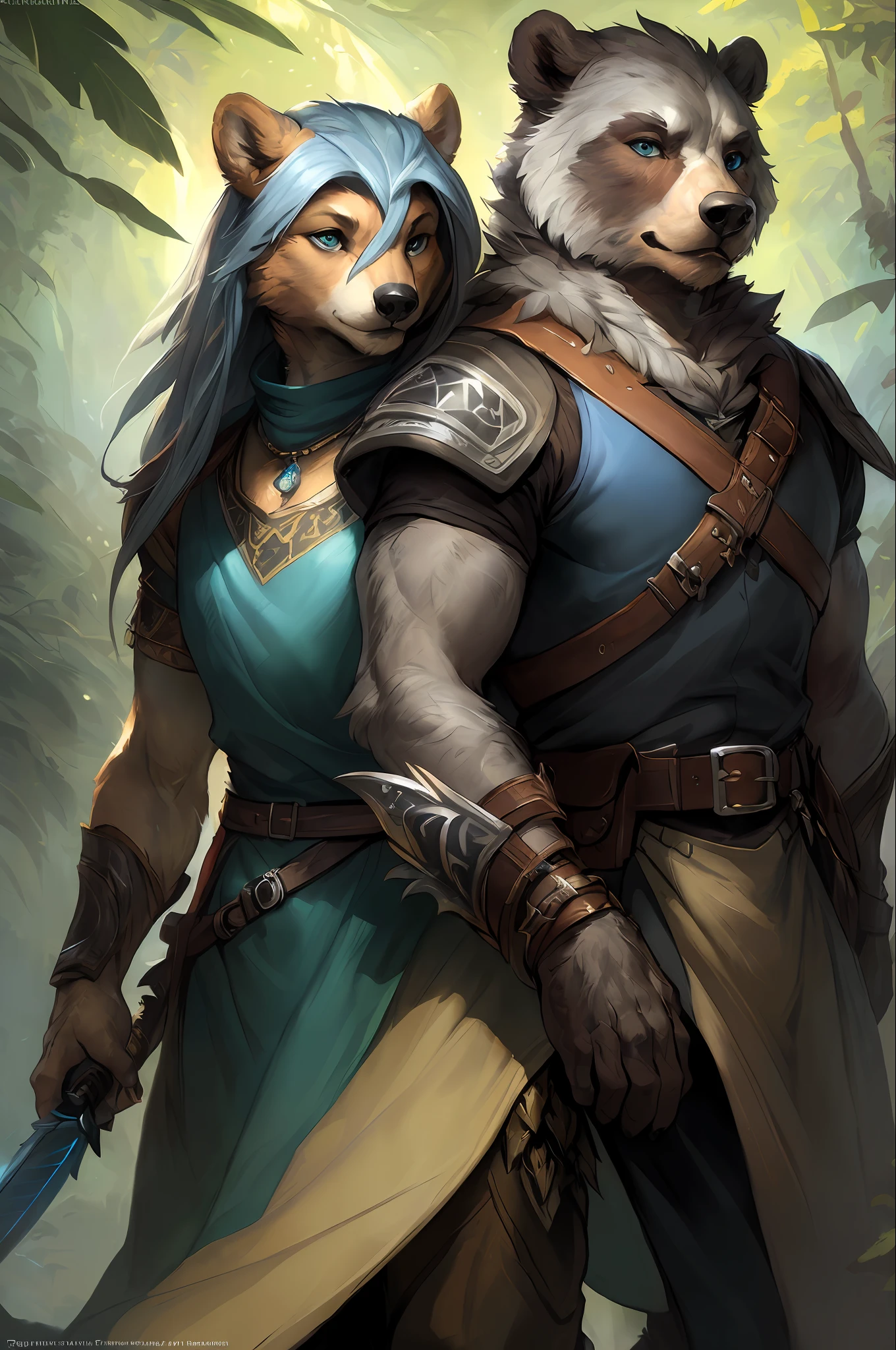 kenket, ross tran, ruan jia, bonifasko, a male bear made out of (wandering ranger), azure eyes, gray mane of hairs, fantasy portrait, finely detailed tunic, intricate design, double blades, silk, cinematic lighting, 4k,