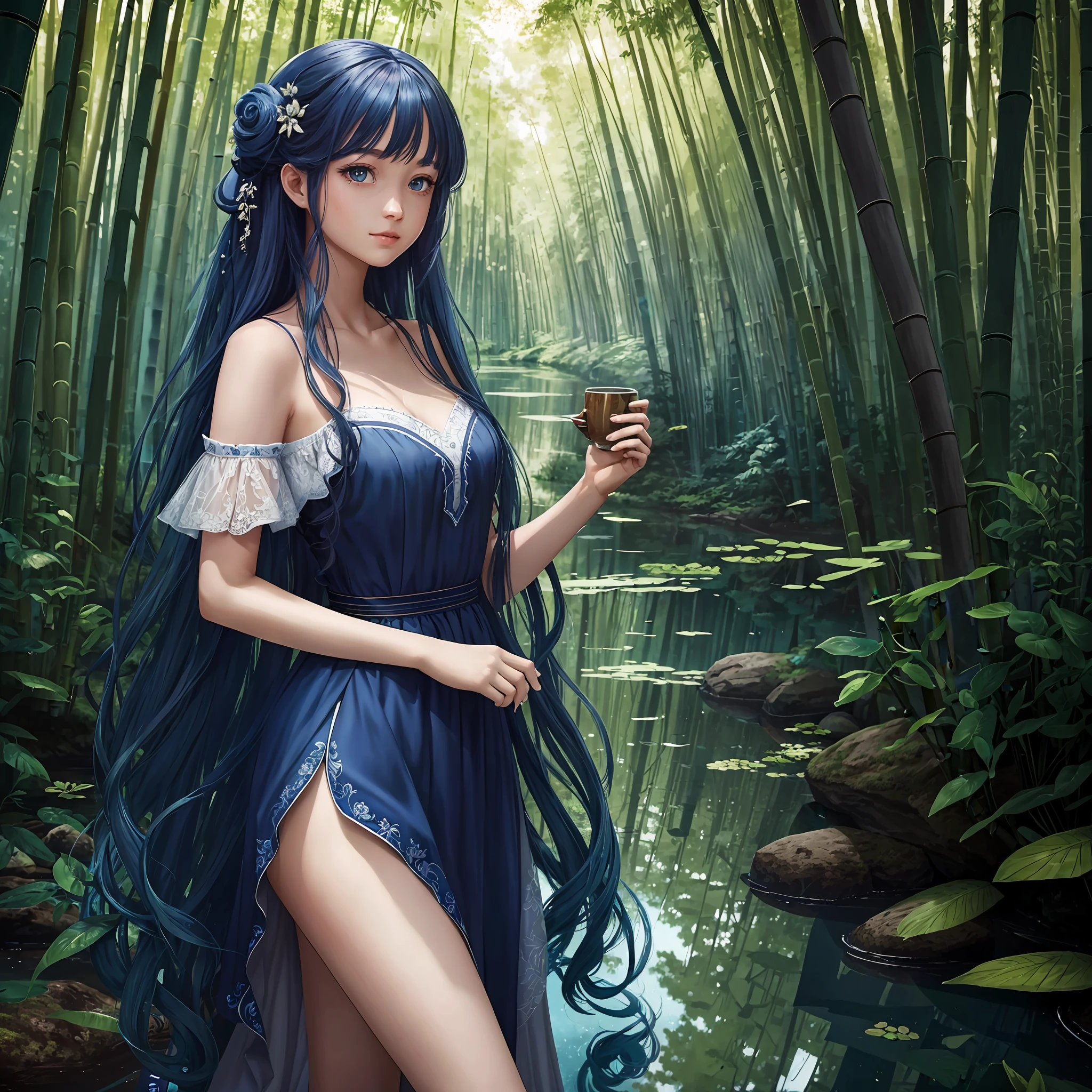 , masterpiece, top quality, official art, 8k wallpaper, highly detailed, illustration, one girl, azure hair, long hair, detailed eyes, forest, bare shoulders, han dress, lake, pure, soft smile, bamboo, tea