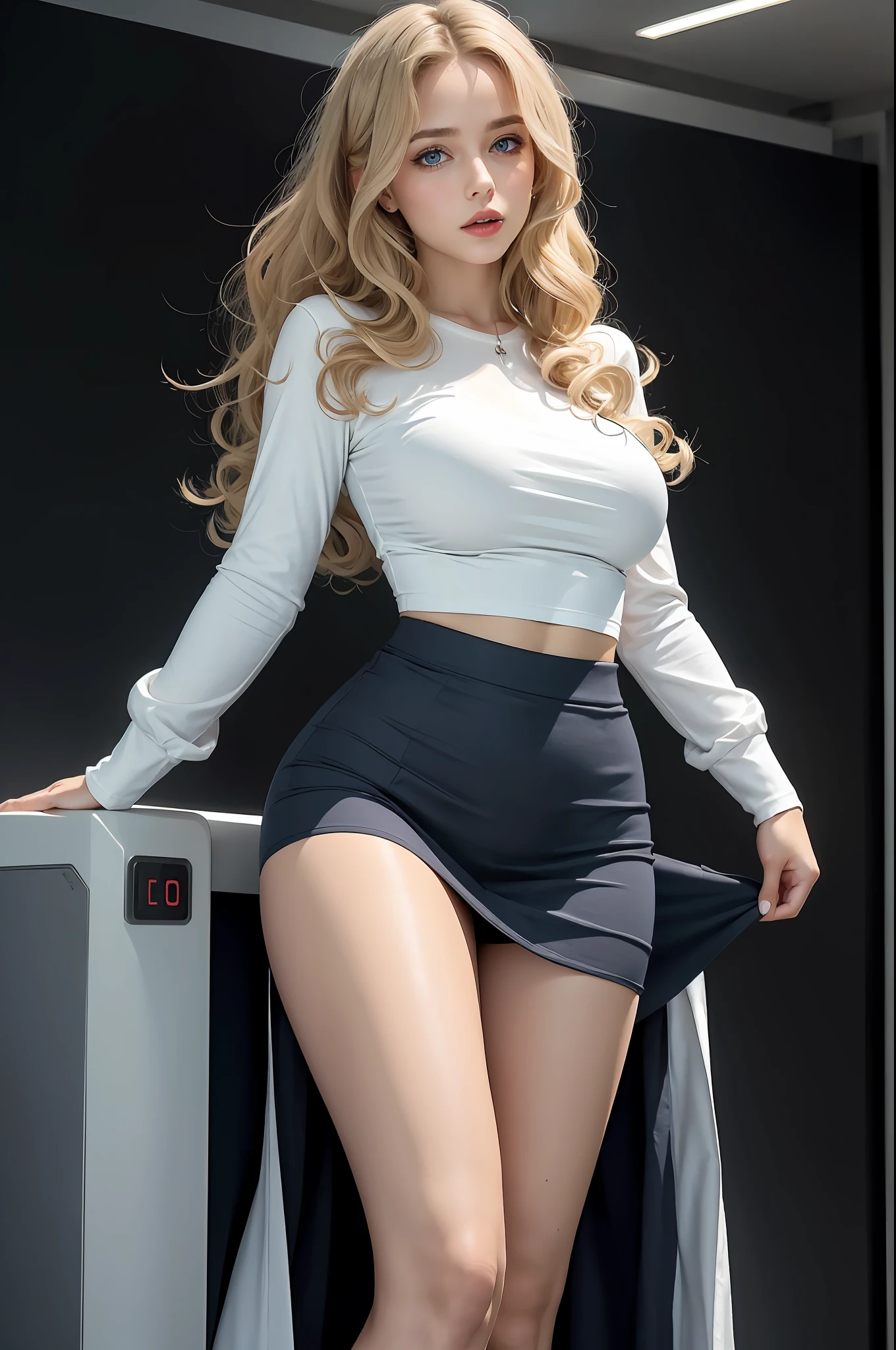 30-year-old executive plane groping her from behind, glued to breasts, grabbing the, Mini skirt, white, 40k, photography, masterpiece, best quality, dark gray background, behind, sfw, (1girl blue eyes and blond hair soon curly), big until waiting wearing, (mini skirt sexy_outfit: 1.3), (white clothes: 1.3), the man her, varied poses.