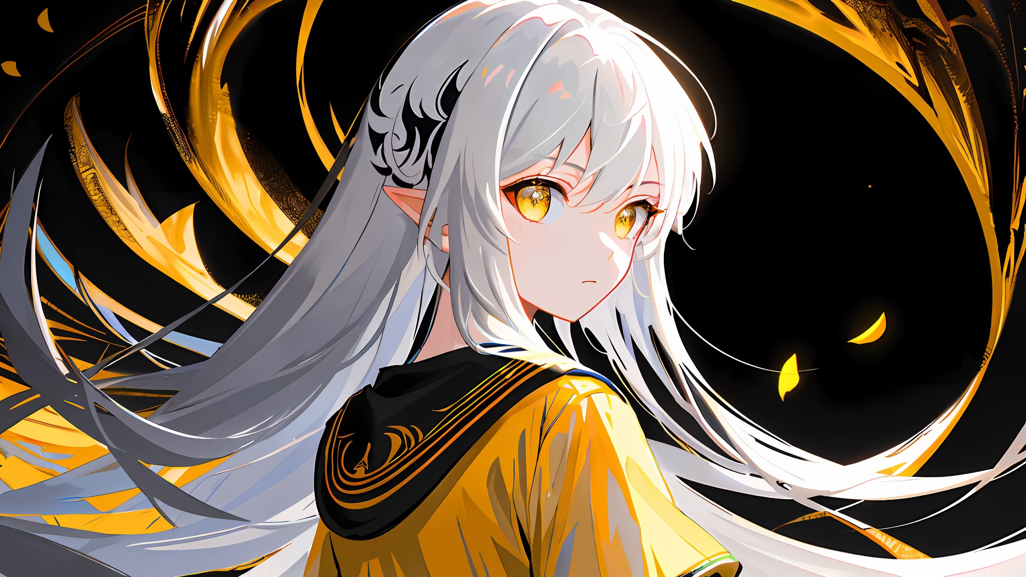 high quality, hyper detail, masterpiece, best quality, detailed face, detailed background, high resolution illustration, from side, looking away, 1girl, long hair, straight hair, white hair, yellow eyes,( black_tshirt:1.2),