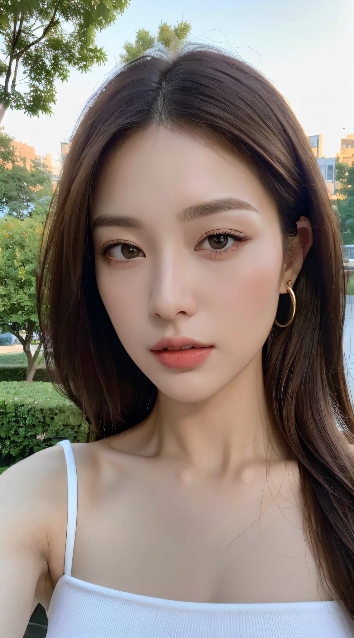 ((Realistic lighting, Best quality, 8K, Masterpiece: 1.3)), Clear focus: 1.2, 1girl, Perfect beauty: 1.4, Slim abs: 1.1, ((Dark brown hair)), (White crop top: 1.4), (Outdoor, Night: 1.1), Park view, Super fine face, Fine eyes, Double eyelids,