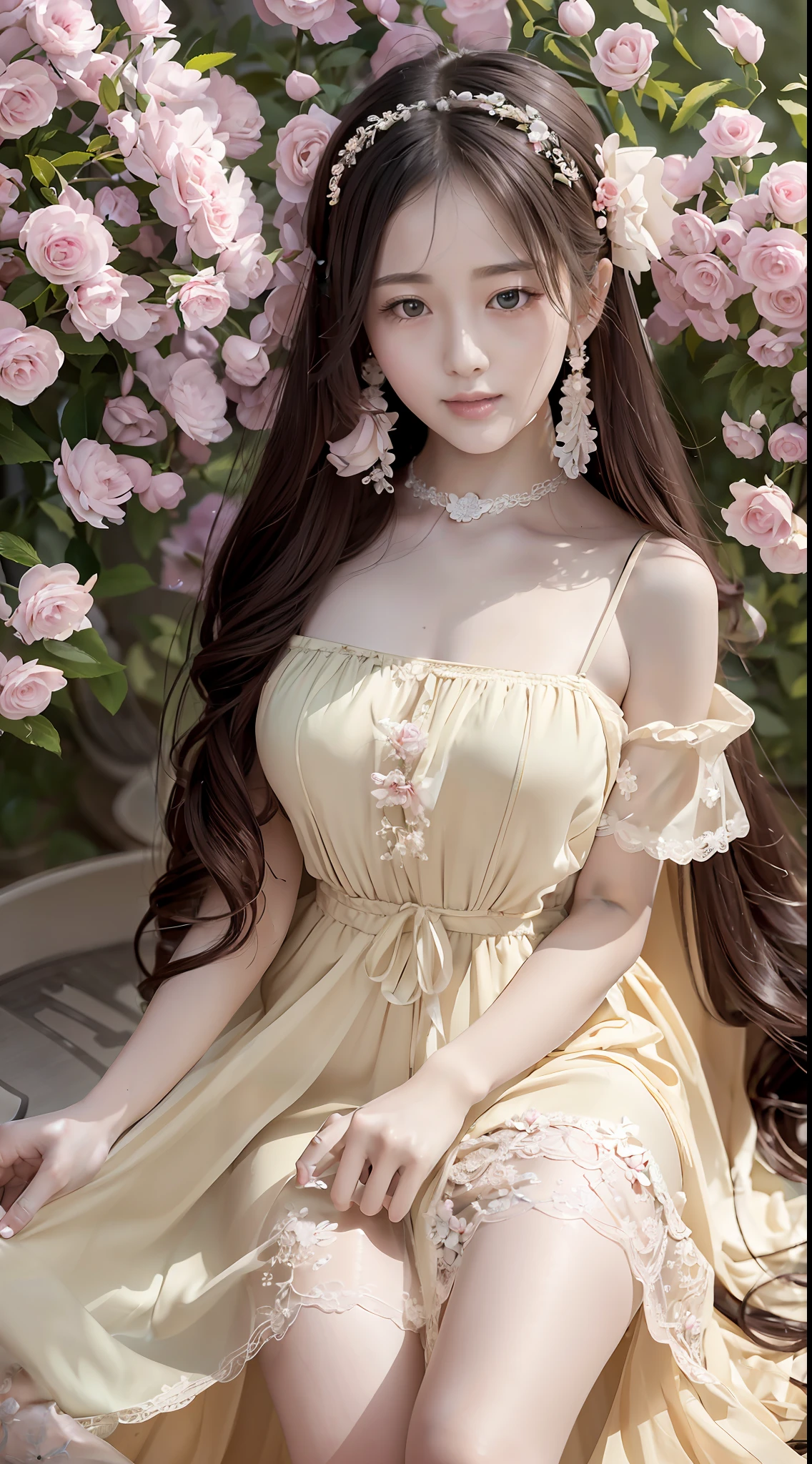 She is wearing an antique bandeau dress, a pale yellow bandeau dress, there are delicate lines and folds on the skirt, you can see the lace lace at the hem of the skirt, her lips are rosy and delicate, her facial features are distinct, her skin is like lustrous jade, she holds the skirt, bows her head slightly, her eyes are soft and confident, her long hair is draped over her shoulders, the ends of her hair are gently curled, her hair is dotted with a delicate flower, and the little sister also wears some exquisite accessories, light pink, the temperament of the little sister is very consistent, natural scenery