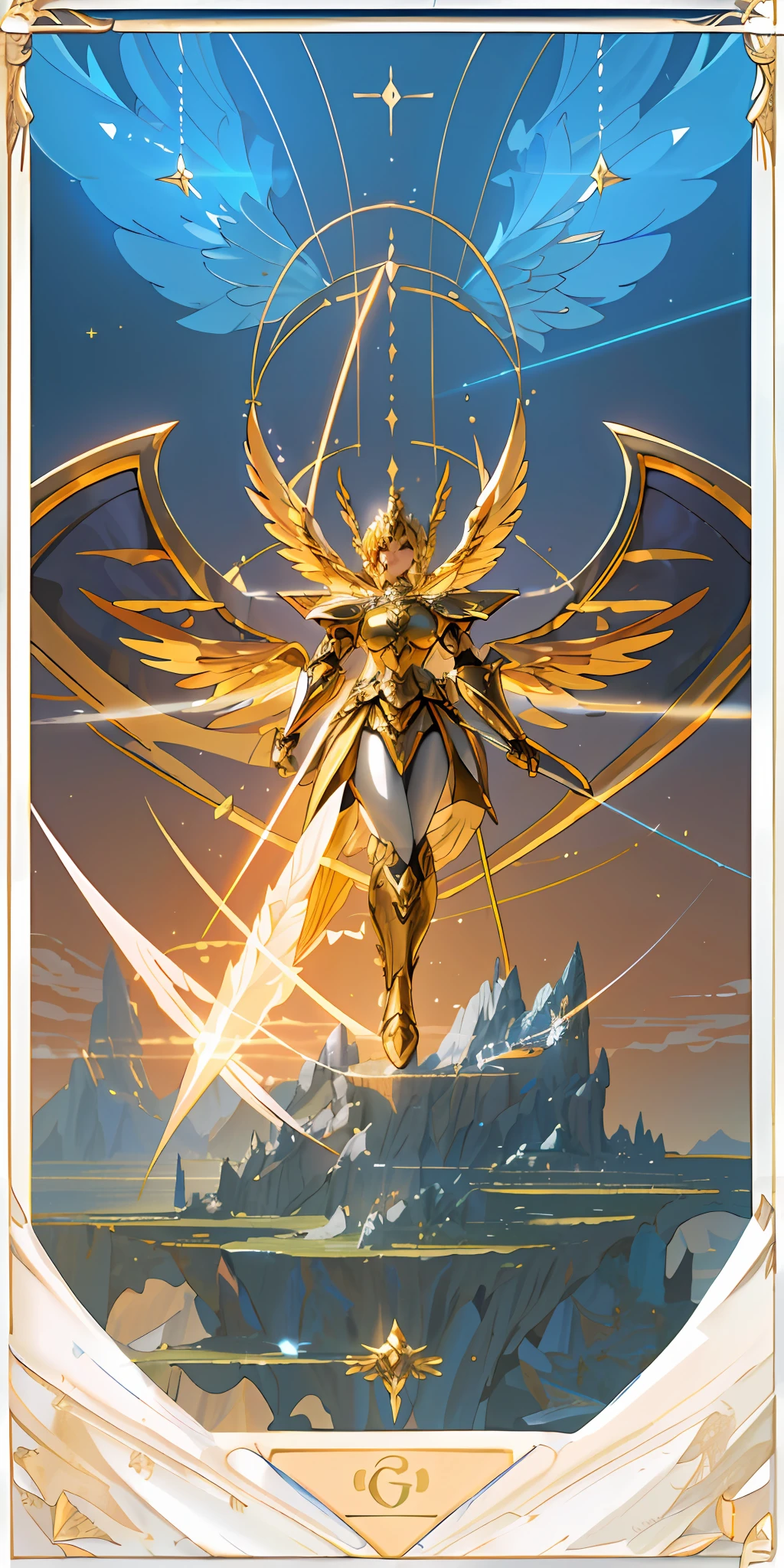 arafed image of a woman with wings flying over a mountain, angelic golden armor, goddess of light, gold paladin, unreal engine render saint seiya, knights of zodiac girl, warrior of light, angel knight girl, mystical valkyrie, armor angle with wing, portrait of queen of light, golden goddess athena, devianart and cgsociety