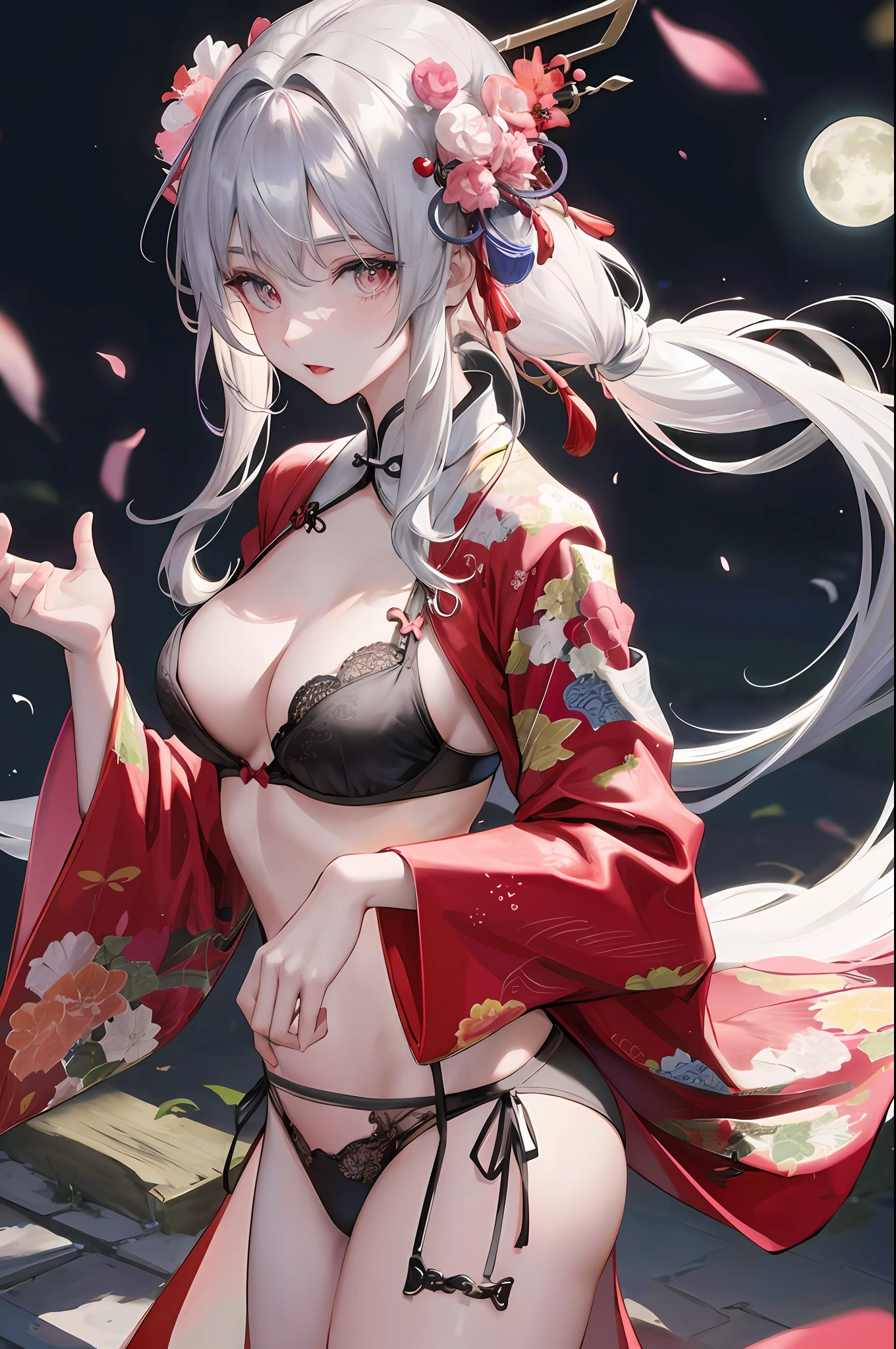 8K, Masterpiece, Top Quality, Night, Full Moon, One Girl, Chinese Style, Chinese Architecture,, Sisters, Women With Silver-White Long Hair, Two Ball Heads, Long Hair, Hairpin, Pale Pink Lips, Calm, Reasonable, Bangs, Gray Pupils, Black Clothes, Kimono Fluttering and Underwear Visible, Woman in Bra and Panties, Rolling Up Kimono Hem