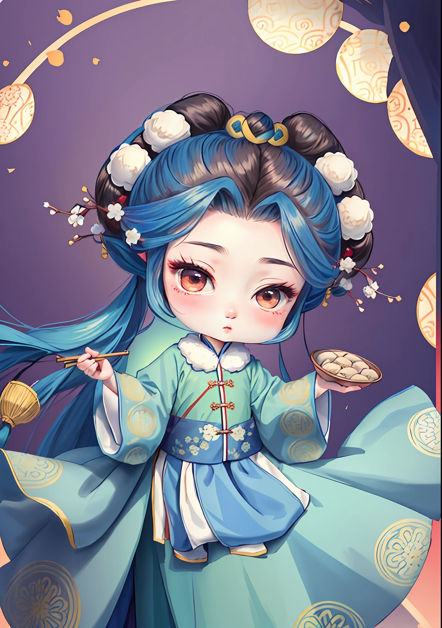 A Chinese girl in Hanfu, holding a plate of dumplings, winter, winter solstice, chopsticks, brown hair, ancient Chinese hair bun, draped hair, pattern, blue-green color matching, hair balls on both sides, some plum blossom hair, bright color blocks, bright colors, line art, infinite details, fine painting, exquisite portrayal, blank background 8k,