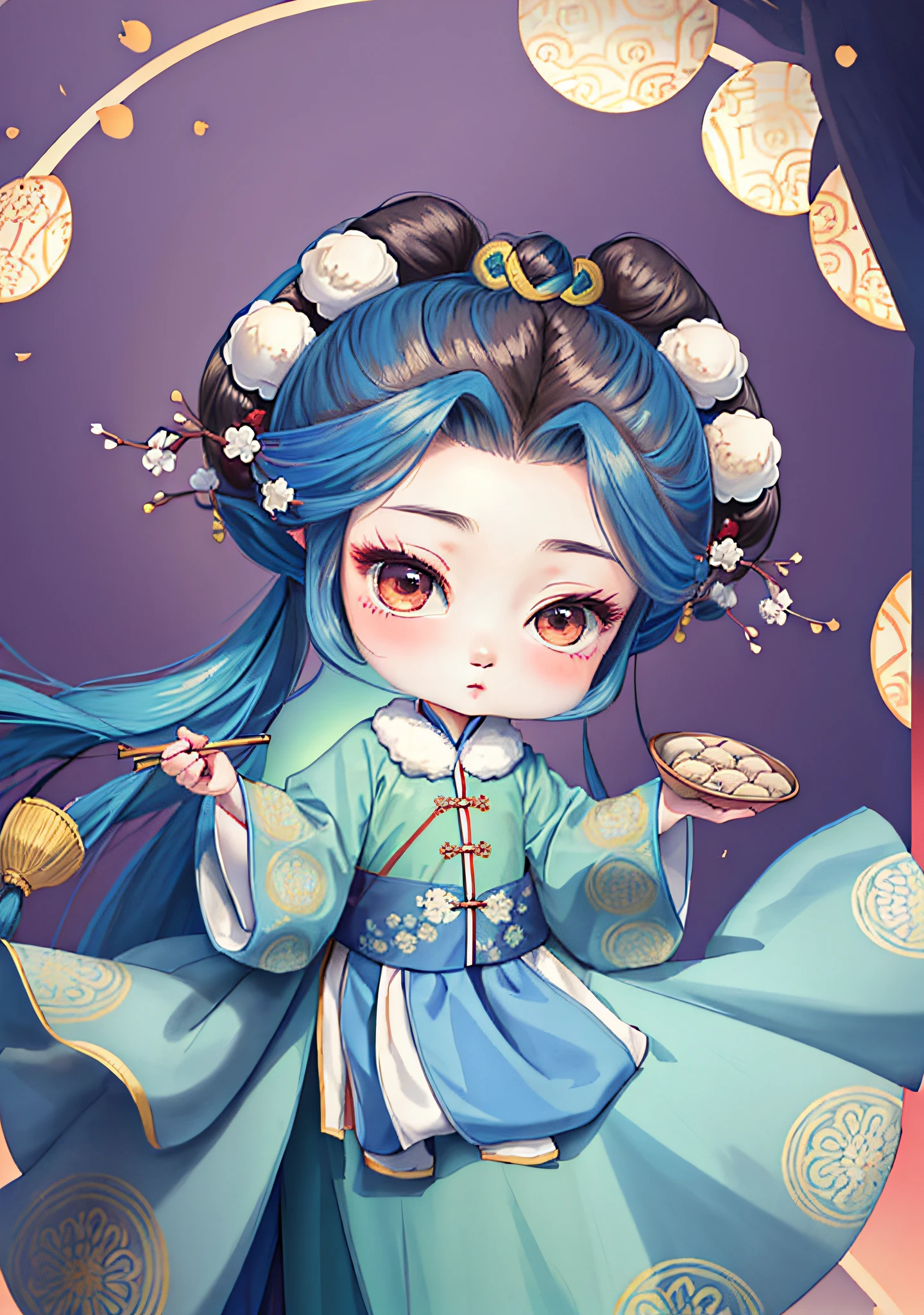 A Chinese girl in Hanfu, holding a plate of dumplings, winter, winter solstice, chopsticks, brown hair, ancient Chinese hair bun, draped hair, pattern, blue-green color matching, hair balls on both sides, some plum blossom hair, bright color blocks, bright colors, line art, infinite details, fine painting, exquisite portrayal, blank background 8k,
