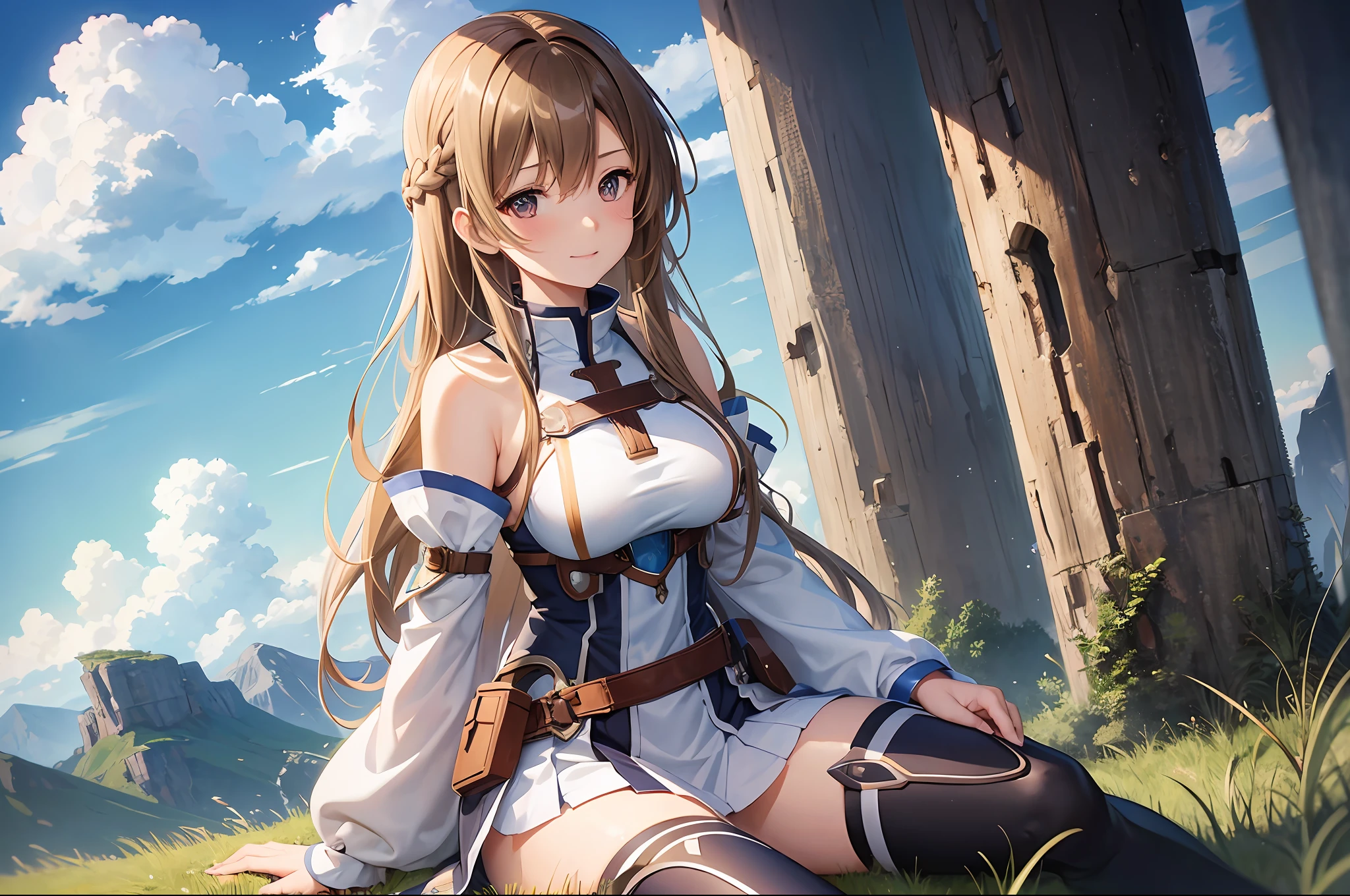 1girl, asuna_\(sao\), bangs, bare_shoulders, blue_sky, blush, boots, braid, breastplate, breasts, brown_eyes, closed_mouth, cloud, cloudy_sky, day, detached_sleeves, grass, hair_between_eyes, long_hair, looking_at_viewer, mountain, outdoors, rock, sitting, skirt, sky, smile, solo, thighhighs, very_long_hair, big boobs --auto --s2