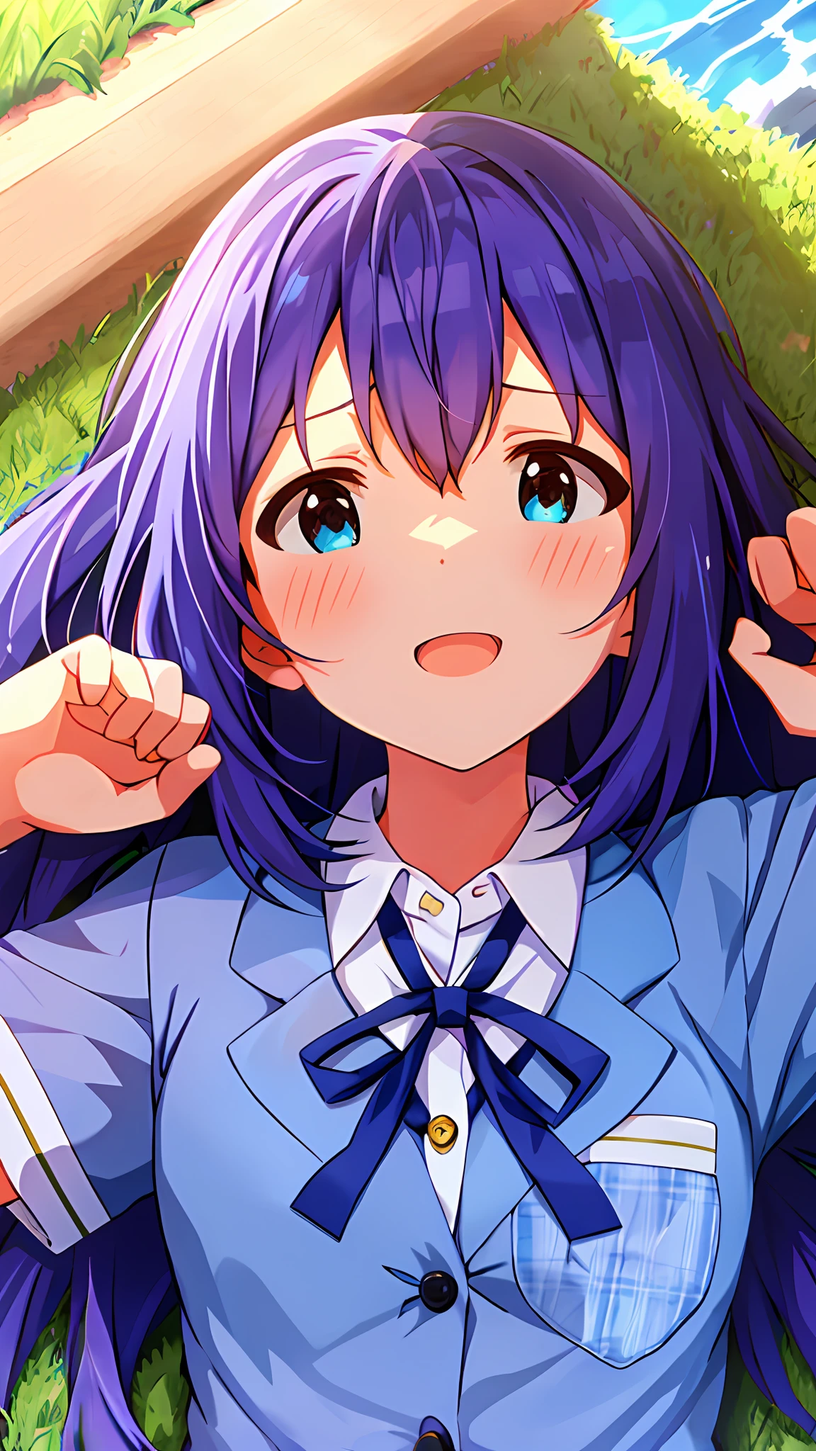 Anna Mochizuki (Million Live), Shiny Trinity \ (Costumes), (Top Quality, 8K, Masterpiece, Super Detail: 1.2), Sea, Sun, Dappled Sunlight, Blue Sky, Beautiful Clouds,
1 girl, solo, skirt, straight face, open mouth, V, watch viewer, white sailor collar, blue shirt, sailor collar, blue skirt, pleated skirt, short sleeve, :d, shirt, school uniform, blush, serafuk, collarbone, bow, ribbon, blue bow. (((Outside))). (((fighting stance))).,(((Lying down))).dynamic focus.small breasts.. (((Face of sadness))). Open mouth.Close your eyes.Spread your arms.Ground.Lie on your back.
