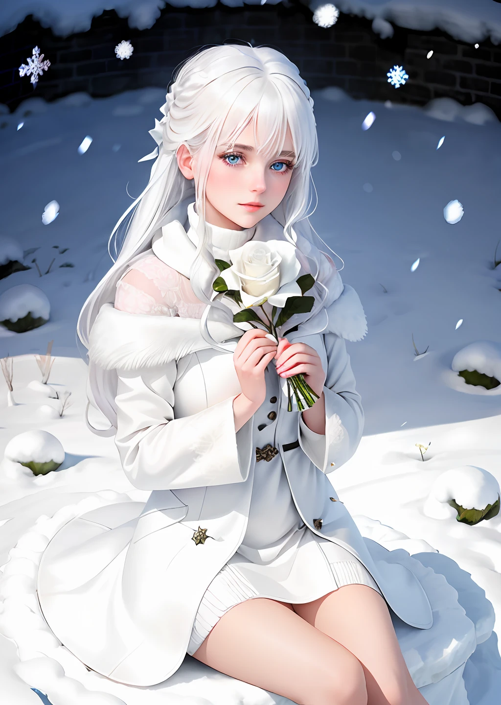 A girl with white hair, in a snow field, holding a white rose in her hand, white rose petals scattered on her body, like a dream scene, blue eyes, sitting in the snow, pink lips, praying.