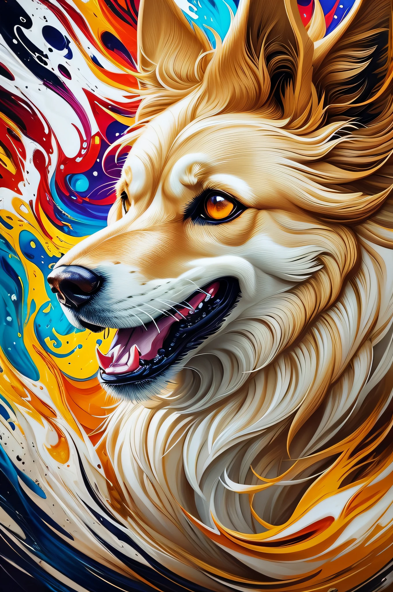 Splash art, a Golden Retriever head, ((white background)), roaring, epic Instagram, artstation, splash style of colorful paint, contour, hyperdetailed intricately detailed , unreal engine, fantastical, intricate detail, splash screen, complementary colors, fantasy concept art, 8k resolution, deviantart masterpiece, oil painting, heavy strokes, paint dripping, splash arts