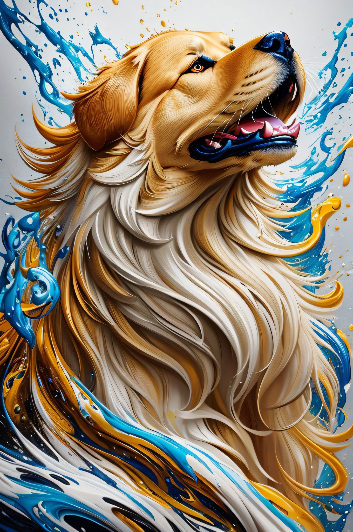 Splash art, a Golden Retriever head, ((white background)), roaring, epic Instagram, artstation, splash style of colorful paint, contour, hyperdetailed intricately detailed , unreal engine, fantastical, intricate detail, splash screen, complementary colors, fantasy concept art, 8k resolution, deviantart masterpiece, oil painting, heavy strokes, paint dripping, splash arts