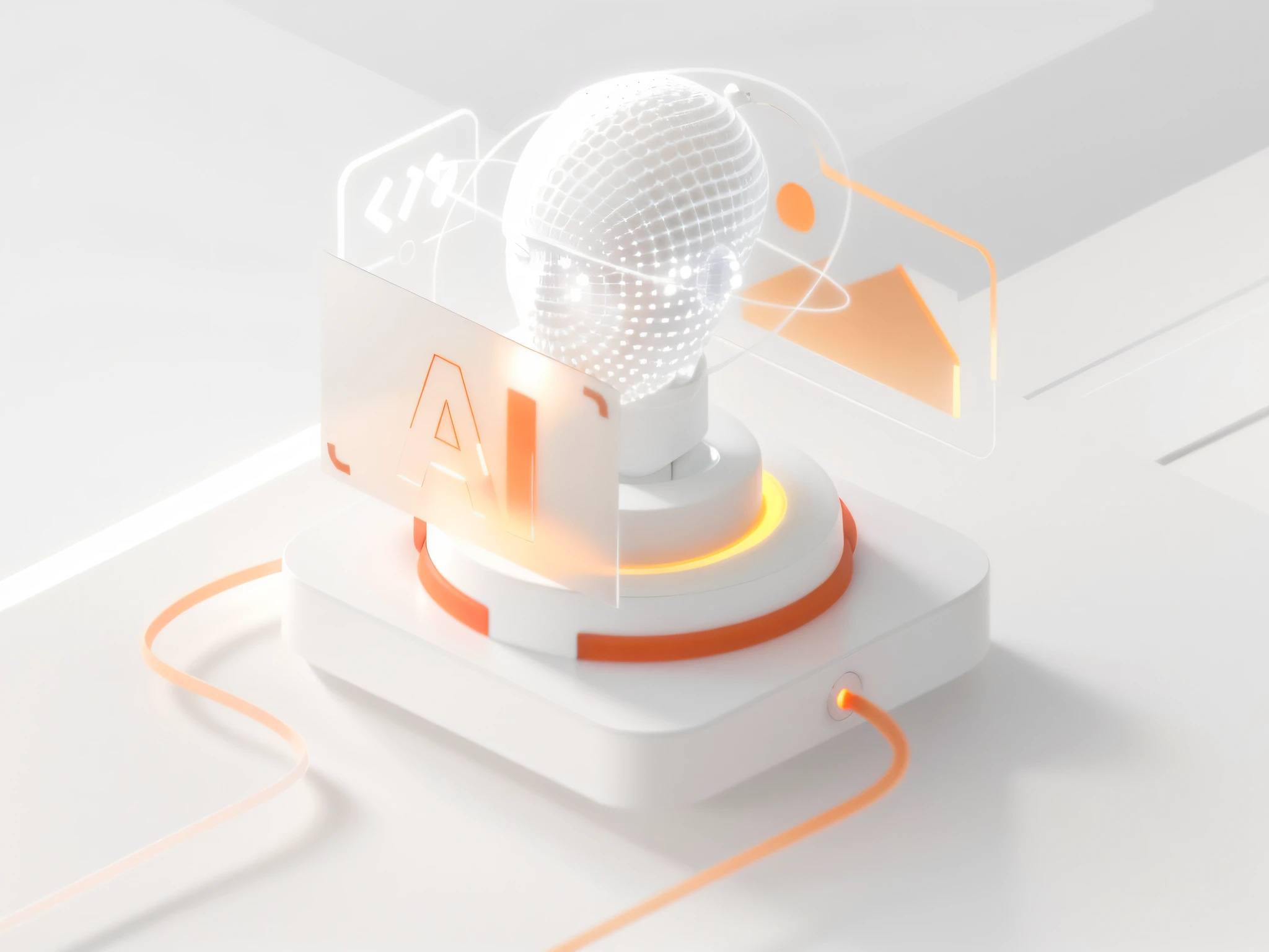 there is a white and orange object with a wire on it, with ai theme, endless collaboration with ai, depicted as a 3 d render, icon for an ai app, c 4 d style, the ai, 3 d illustration, 3d illustration, ai startup, 3 d illutration, rendered in cinema4d, rendered in cinema 4 d