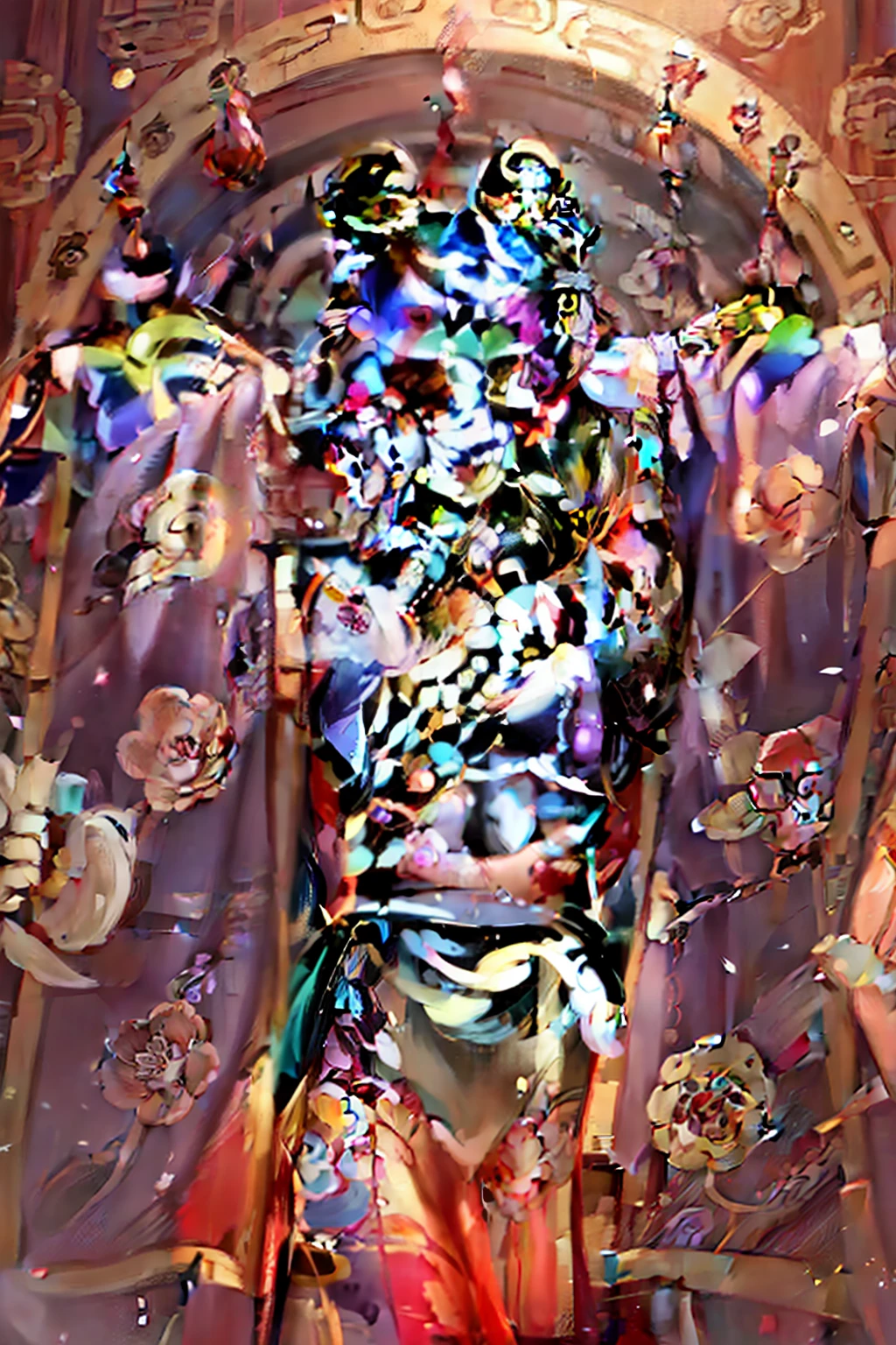 (Masterpiece: 1.0), (Best Quality: 1.4), (Ultra High Resolution: 1.2), Traditional Chinese New Year Painting, A Girl, Hand Holding Spring Coupling, Double Spring Coupling, Left and Right Symmetry, Character Centered, Purple, Orange, Yellow, Blue, Turquoise, Modern Figure,