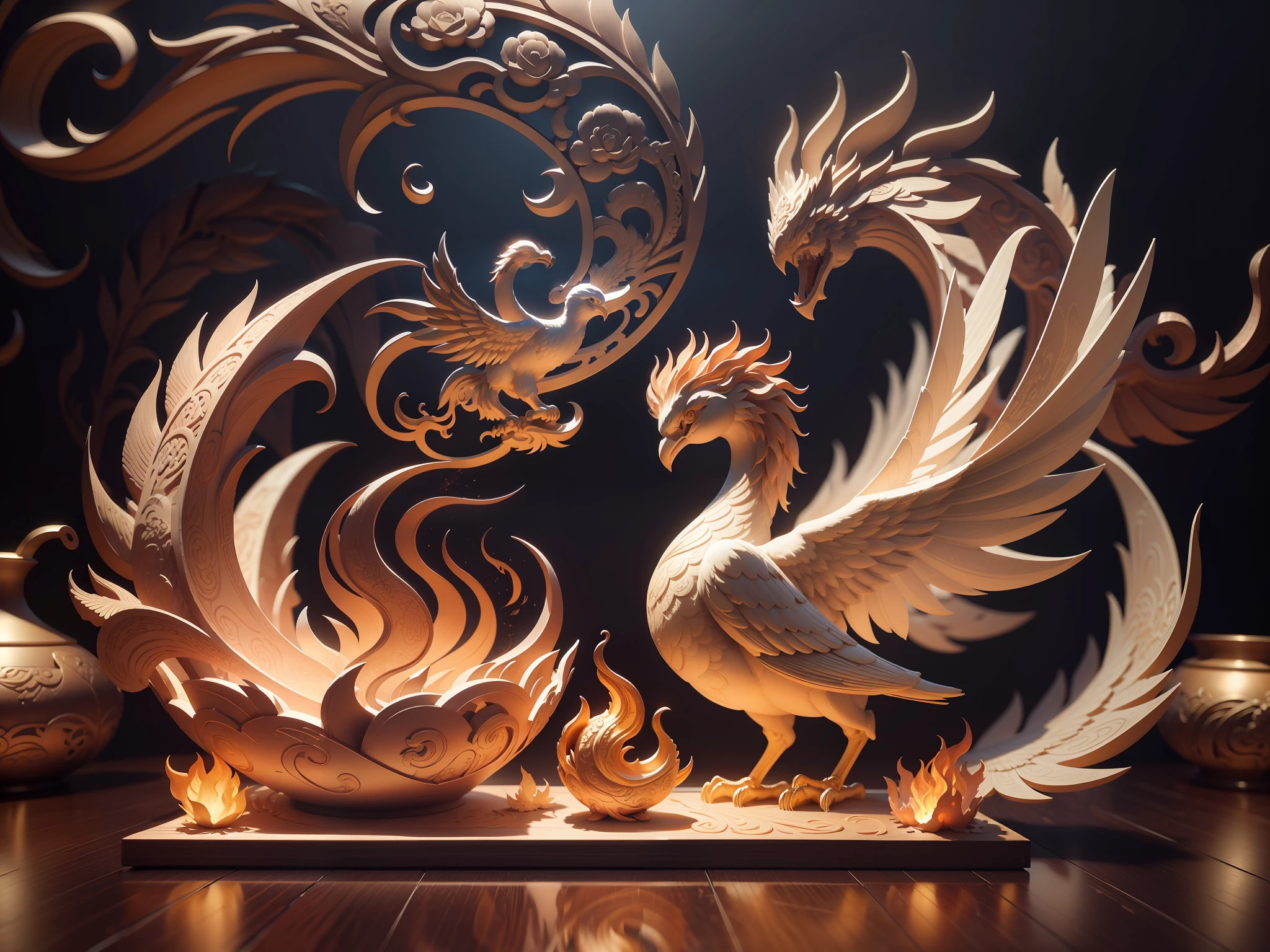 3D relief, fine carving, phoenix carving, spirit, traditional Chinese style, multi-dimensional paper fog crafts, ultra-wide angle view, dreamy, 8K, romantic, high resolution, 8k