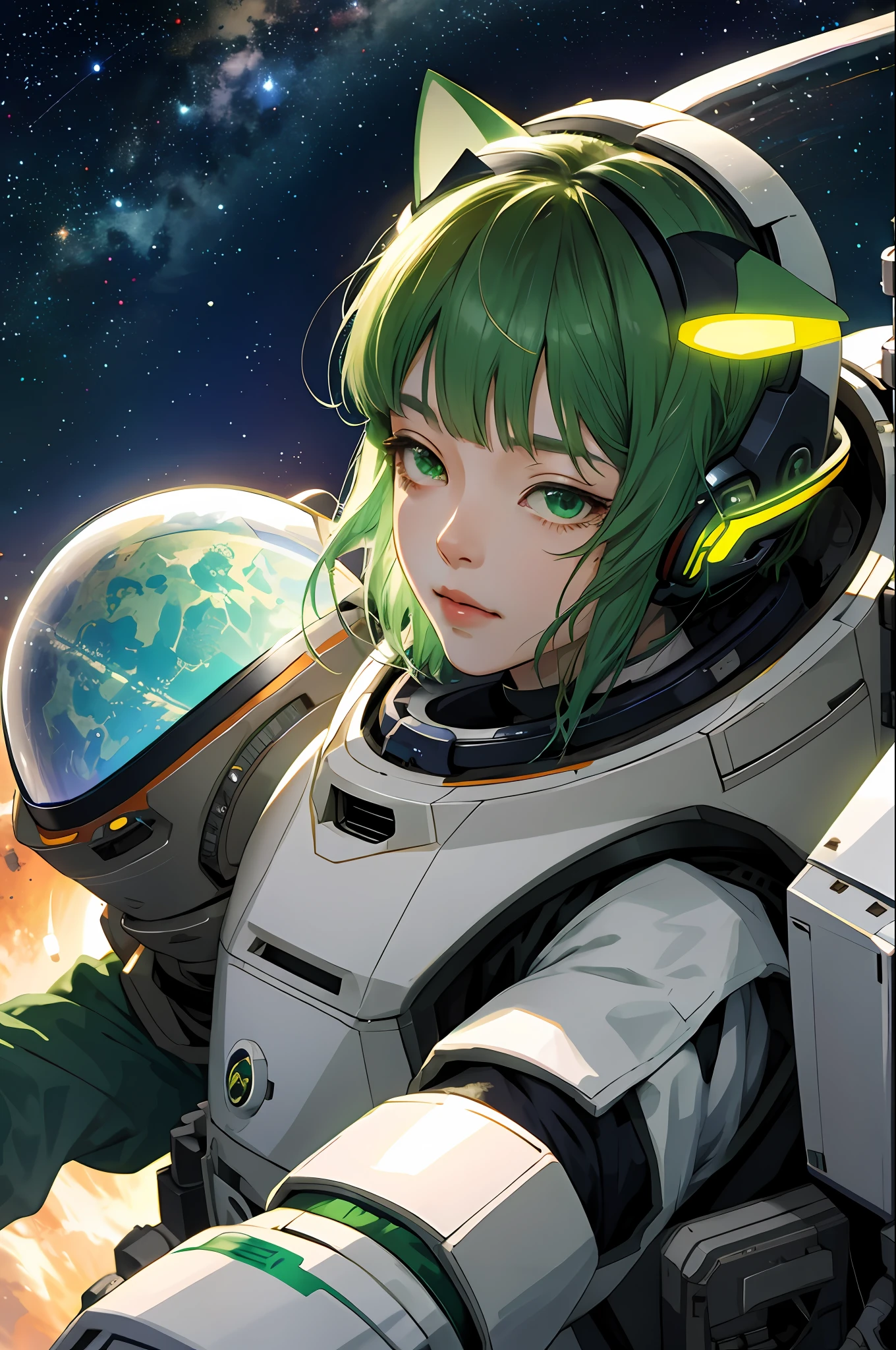 Beautiful anime wife style, wearing decorated heavy spacesuit, green messy short hair, 16 year old girl, astronaut idol, super detailed cute face, cat ears, long green eyelashes, sleepy, space colony cityscape background,