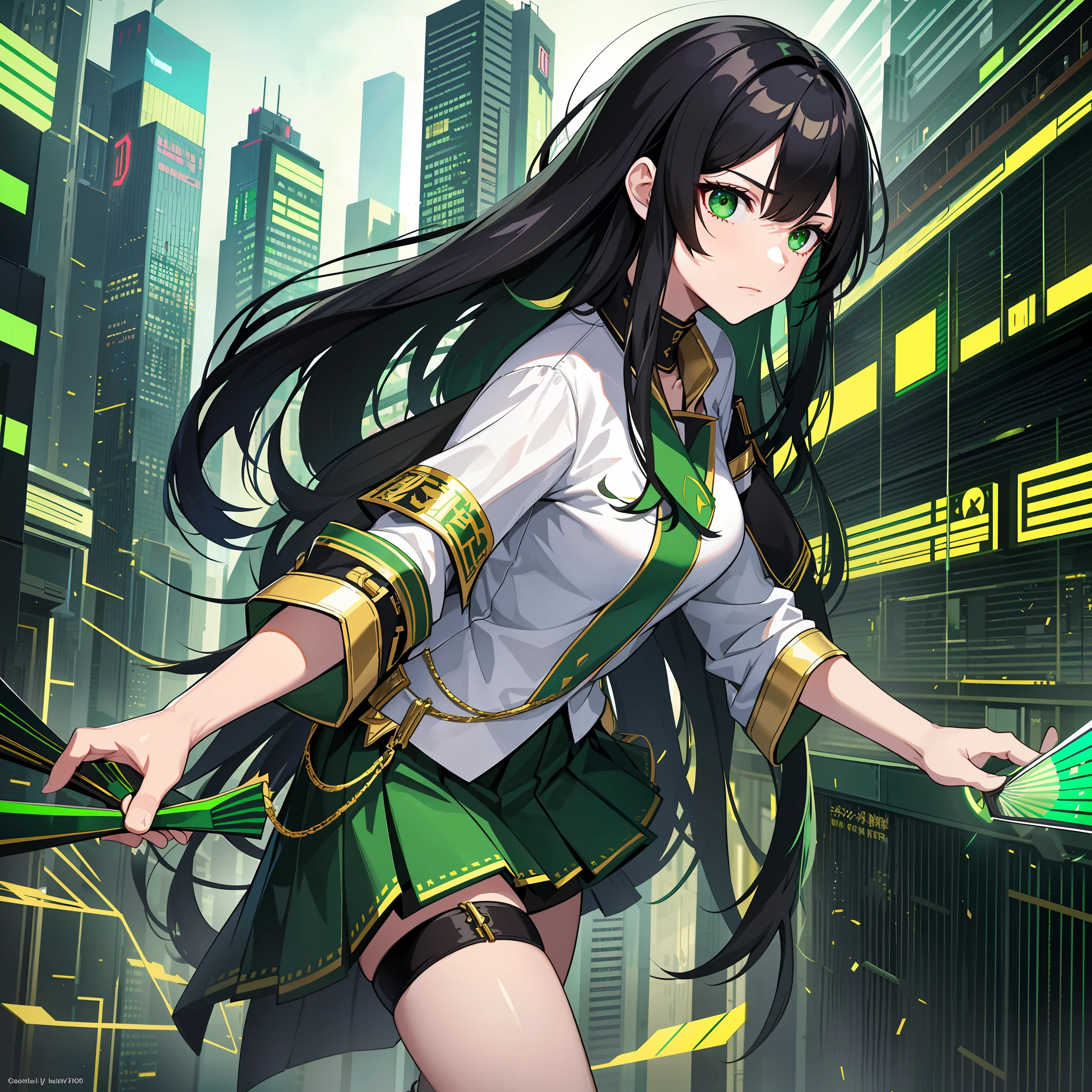 Adult, one female, Long black hair with green line in the middle, white shirt with Rank on the shoulder , short green skirt with gold trim, attack mode With a hand fan, in a cyberpunk city mirroria, Slanted eyes, Glare, masterpiece