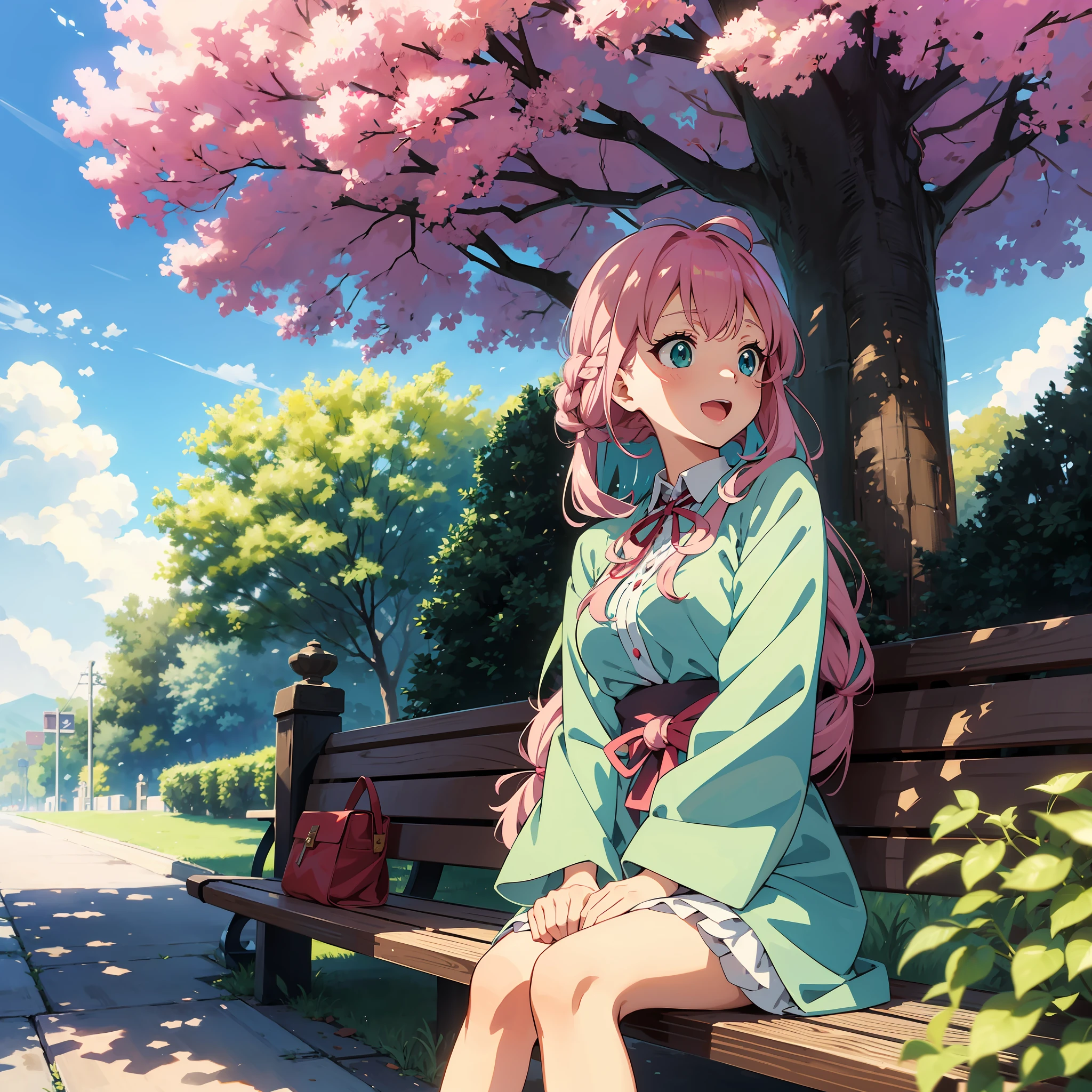 Anime illustrations in the style of "Kyoto Animation", highest quality, (cute: 1.1), (cute), (high resolution: 1.2), incredibly ridiculous: 1.3, incredibly fine illustrations, break 1 beautiful girl, Solo, (heterochromia, light blue eyes and light green eyes), silhouette of star eyes, solo, standing figure, happy, :d, princess eyes, big breasts, break, braid, light pink hair, semi-long hair, red ribbon at the end of braid, sitting on a bench, Angle from below, looking at iPhone, park, worried