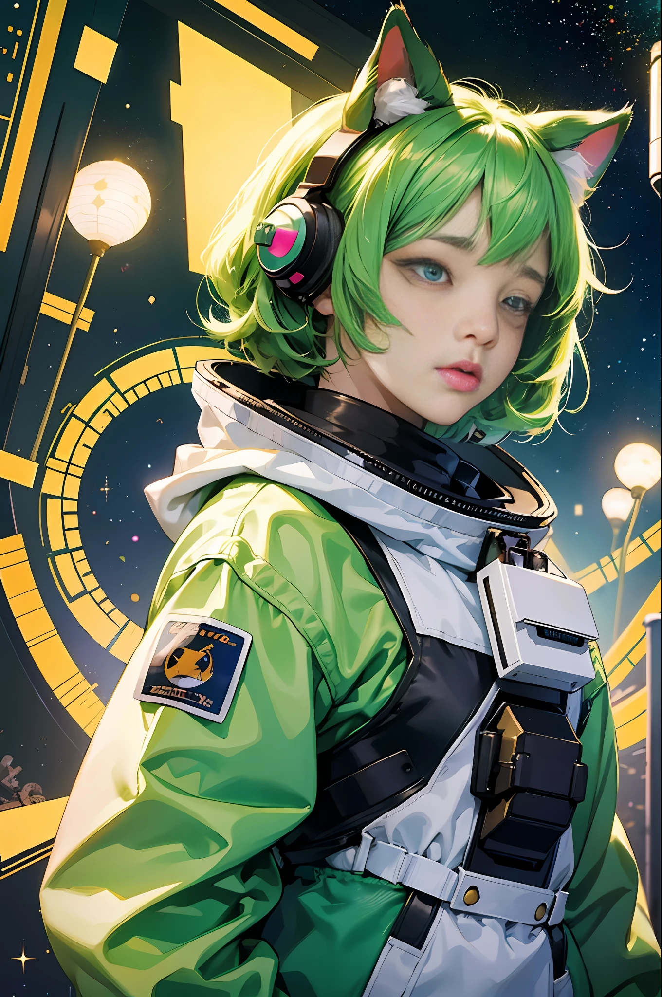 Beautiful anime wife style, (((Full body))), wearing a heavy spacesuit decorated in Harajuku fashion style, green messy short hair, 15 year old girl, astronaut idol, super detailed cute face, cat ears, long green eyelashes, sleepy eyes, cyberpunk night view background,