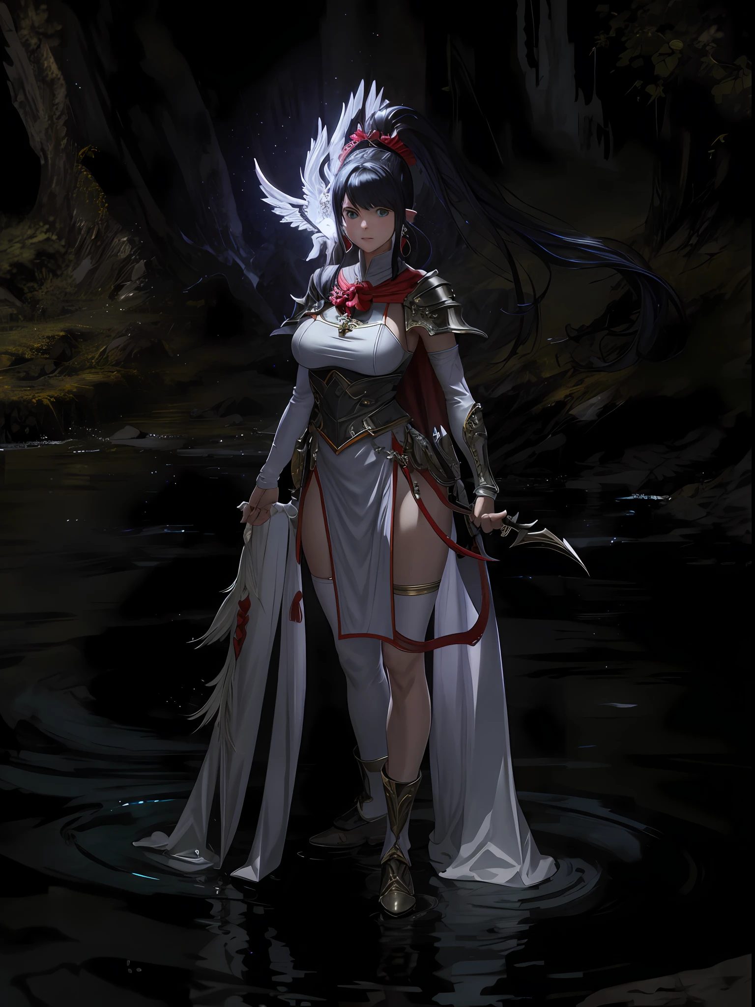 big breasts, high quality, masterpiece, earrings, standing, 1girl, full body, Final Fantasy XIV, solo, highres, red, close-up, zoom cape, simple background, breasts, white wizard, short hair, black hair, ponytail, floating hair, fastening staff, fire_staff, priest, fenix, red striped hair, large_skirt, green eyes, absurd, white_outfit
