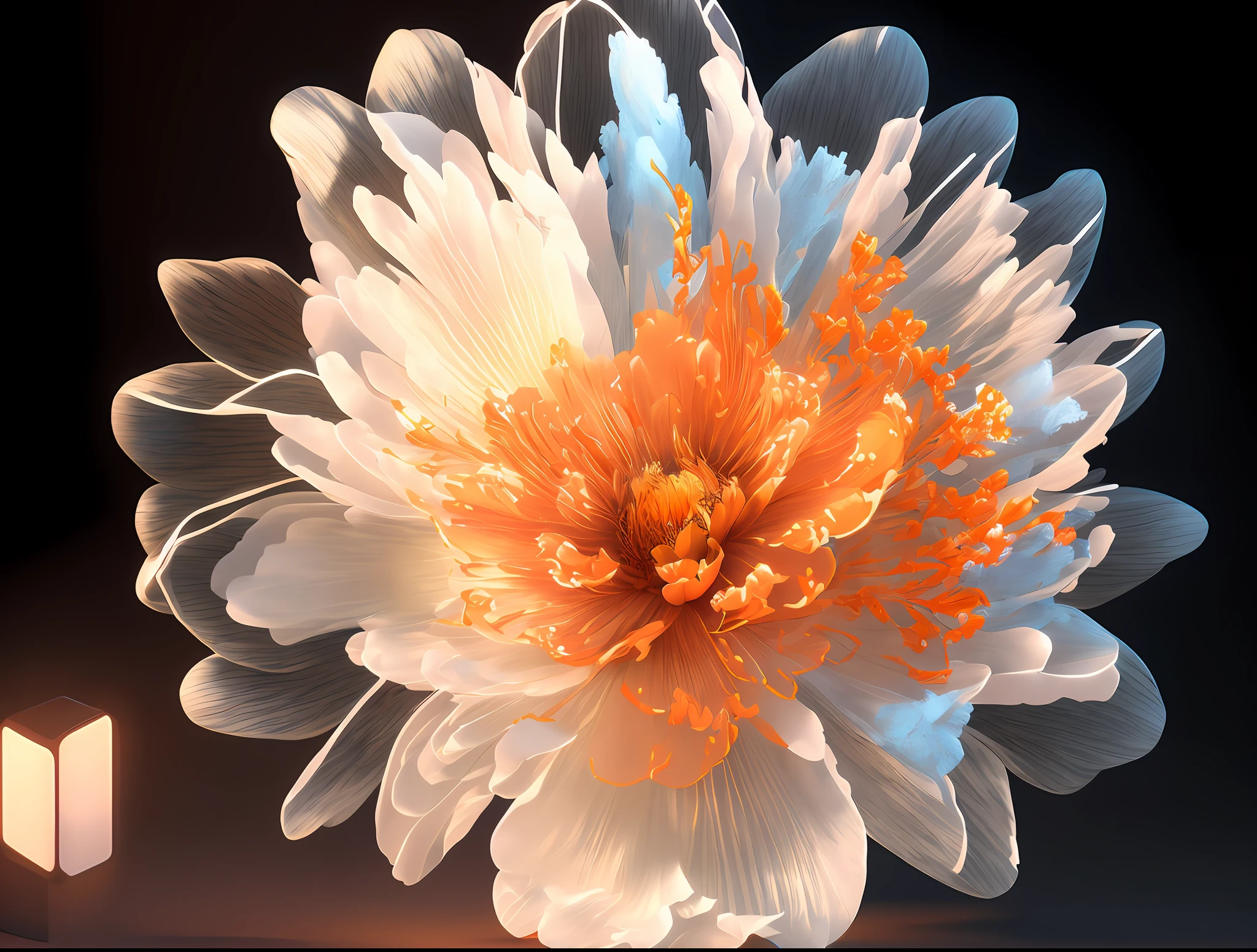 arafed image of a blue and orange flower on a black background, glowing delicate flower, glowing neon flowers, peony flower, glowing flowers, luminous flowers, neon flowers, the platonic ideal of flowers, 3 d rendered in octane, 3d rendered in octane, rendered in arnold, strong blue and orange colors, beautiful flower, rendered in octane