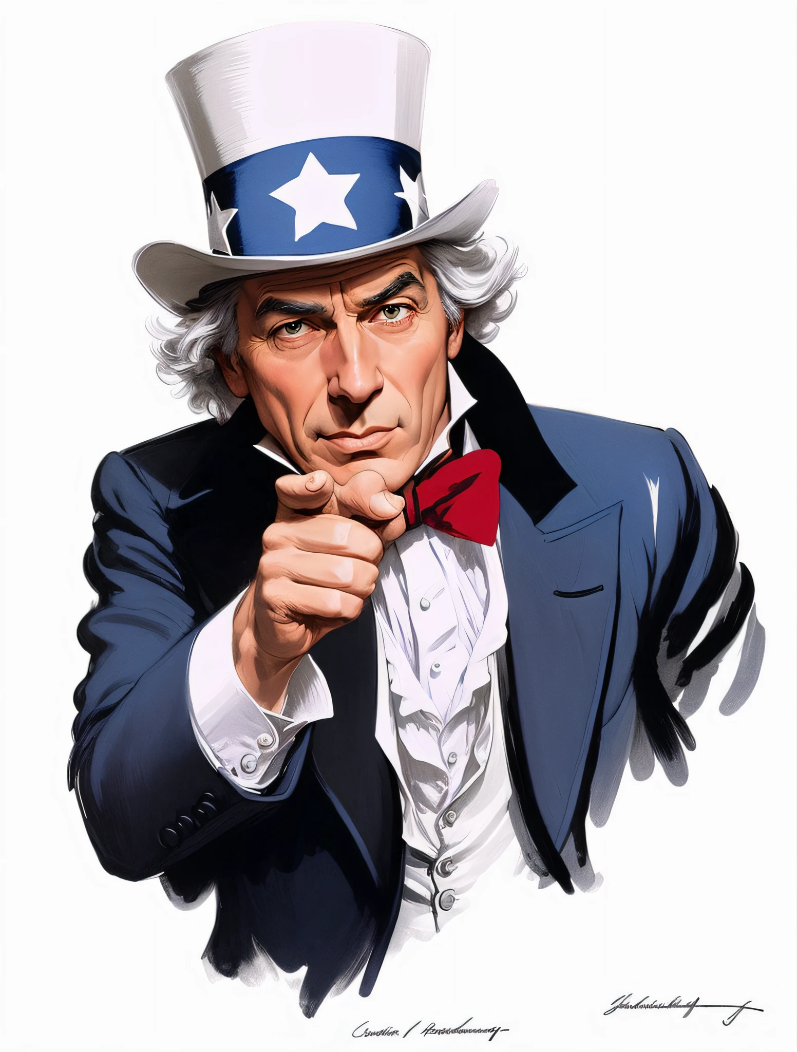 White-haired Uncle Sam in a top hat pointing fingers, Ignacio Zuloaga, Art Germ Greg Rutkowski _ Greg, Hugh Hughes, inspired by James Montgomery Flag, Stanley Artgerm, James Montgomery Flagger, Martin Ansin, profile picture, Louis Miranda, Art Germ and Greg Rutkowski --auto --s2