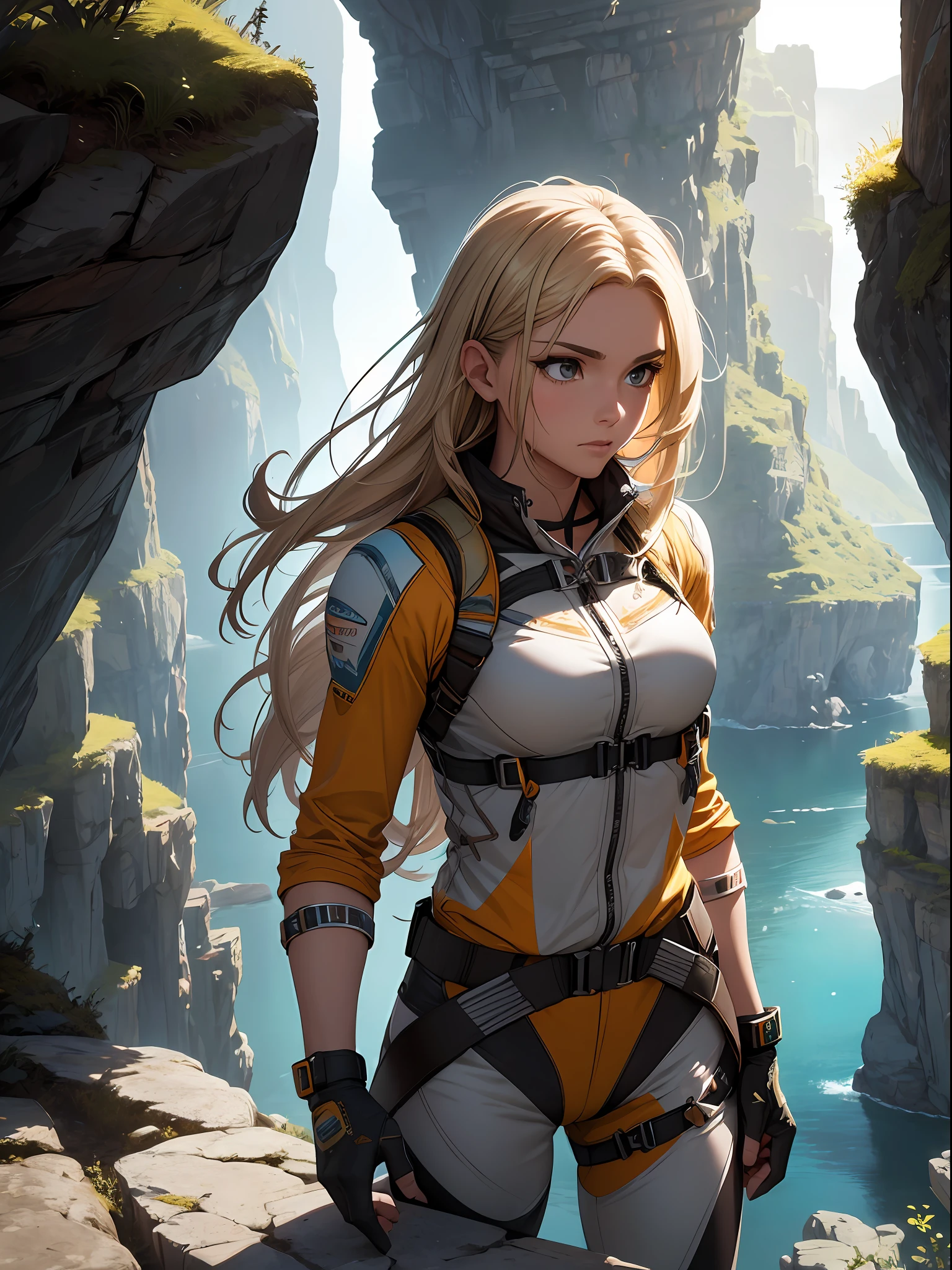 16K, HDR, RTX, closeup shot, best quality, masterpiece, highly detailed, masterpiece, intricate, beautiful rock climber, sexy, tomboy, feminine, long blonde hair, muscular, petite, rock climbing gear, ropes, equipment, jagged rocks, adventurous, thrilling, risky,