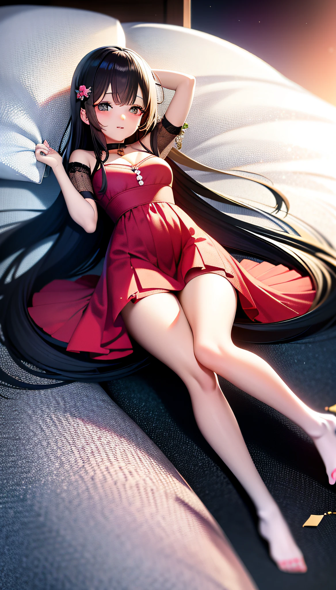 anime girl lying in bed with a flower in her hair, best anime 8k konachan wallpaper, detailed key anime art, anime art wallpaper 8k, anime style 8k, cute anime waifu wearing beautiful clothes, detailed digital anime art, anime art wallpaper 8k, anime art wallpaper 8k, loli in dress, 8k manga wallpaper