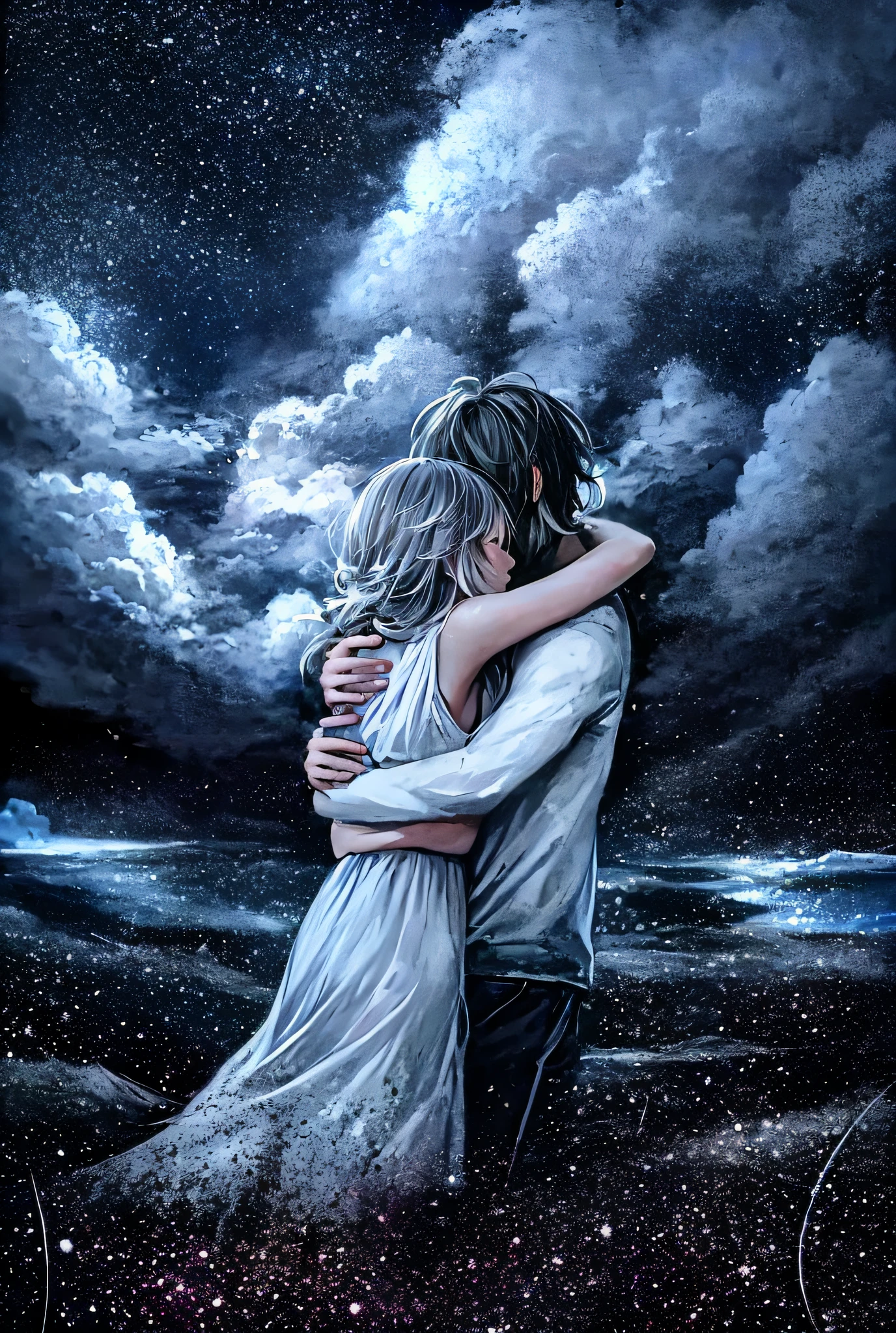 painting of a couple hugging each other in the moonlight, emotional picture, hug, beautiful depiction, hugging, ☁🌪🌙👩🏾, stunning art, by Nándor Katona, loving embrace, lovers, beautiful image ever created, in the astral plane ) ) ), holding each other, he holds her while she sleeps, concept art of love, night-time