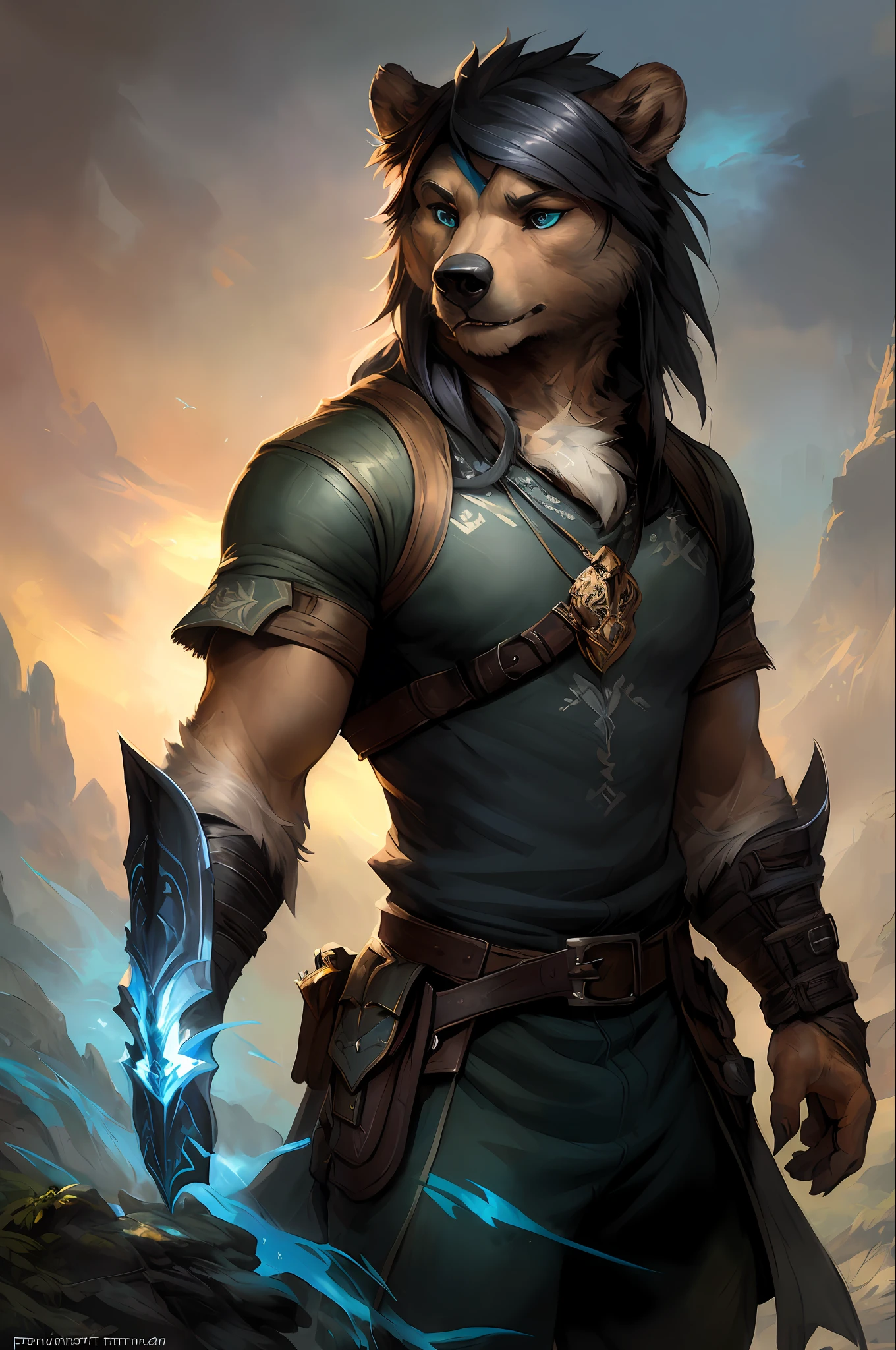 kenket, ross tran, ruan jia, bonifasko, a male bear made out of (wandering ranger), azure eyes, black mane of hairs, fantasy portrait, finely detailed tunic, intricate design, double blades, silk, cinematic lighting, 4k,