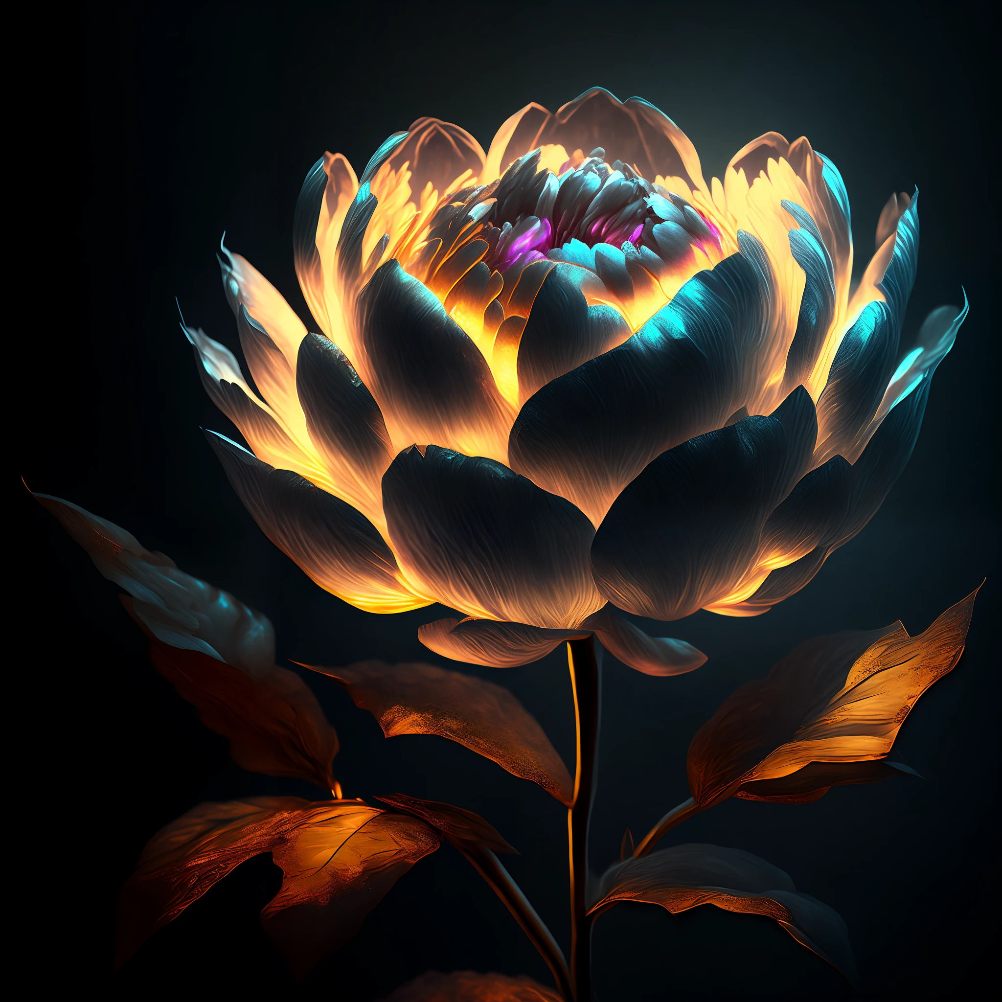 Peony flower, super transparent, holy light, beautiful spectrum light, petals glowing, shimmering, dark background, transparent light drops, reflected light, bright, light streaming in, optical, portrait silhouette, sharp focus, magical, intricate, hyper-realistic, fantasy, composition, light, artstation trend, pearl, patron saint cloud of silver steam, corroded surround ray family, 8k, real ar 23v4 uplight