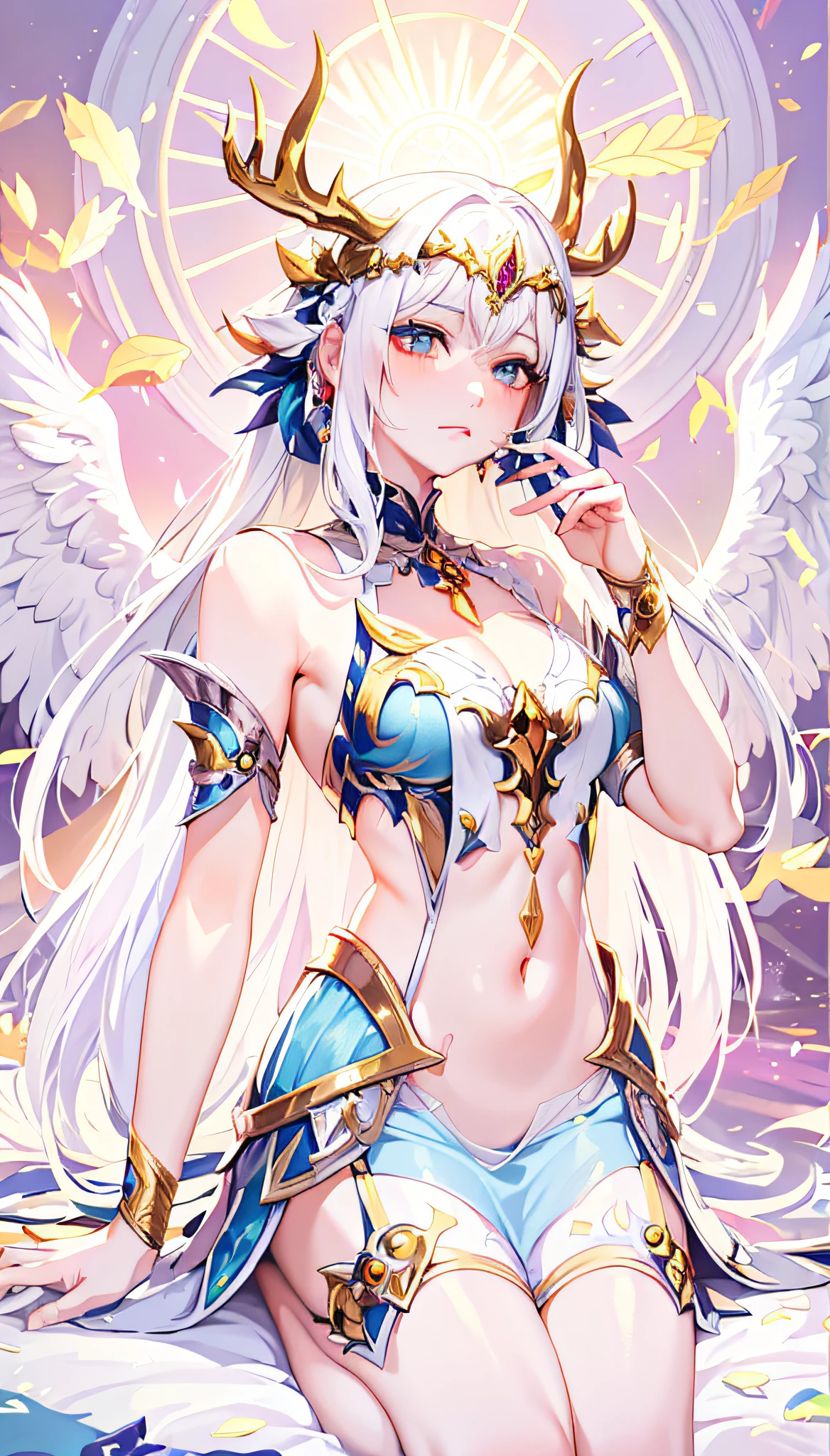 a woman with white hair and wings sitting on a bed, anime goddess, extremely detailed artgerm, as a mystical valkyrie, full - body majestic angel, angel knight girl, angelic golden armor, artgerm and rossdraws, an angel of the dawn light, of beautiful angel, goddess of light, ((a beautiful fantasy empress)), ig model | artgerm