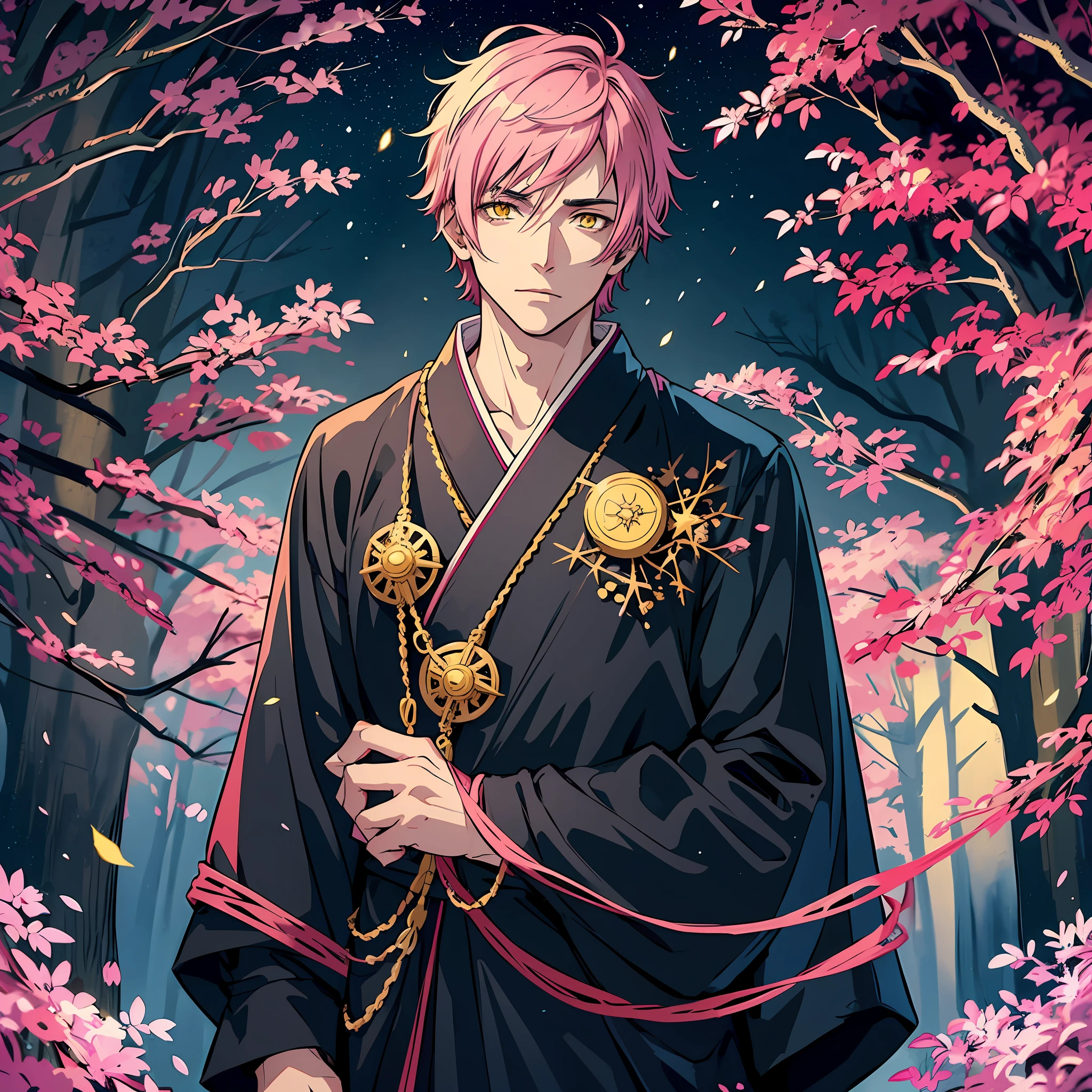 anime young adult guy with short pink hair and with yellow eyes, no facial hair, cold and calm expression, in the deep dark woods, starry night, dark black japanese clothing --auto --s2