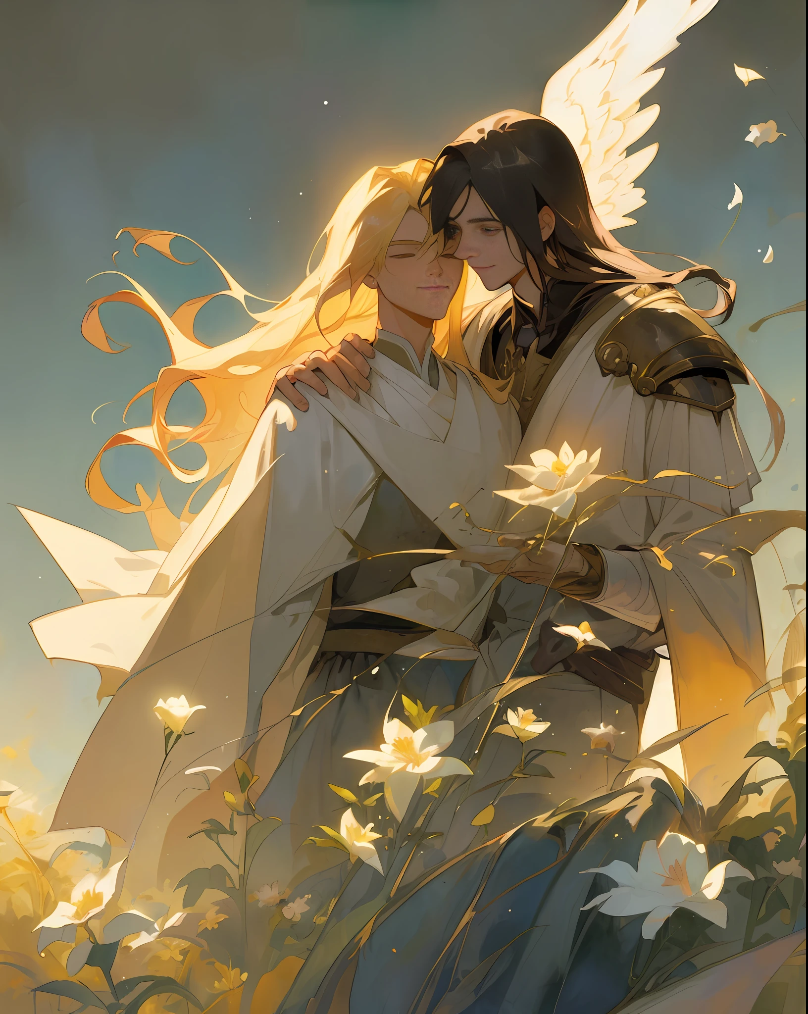 ((top quality, masterpiece)), comic art, concept art, watercolor, two very beautiful young men smiling at each other (blond long-haired young man in robes and valiant and strong male knight with short black hair), angel, smile, pose, particle, wind, flower, upper body, simple background, looking at viewer, using backlight and rim light
