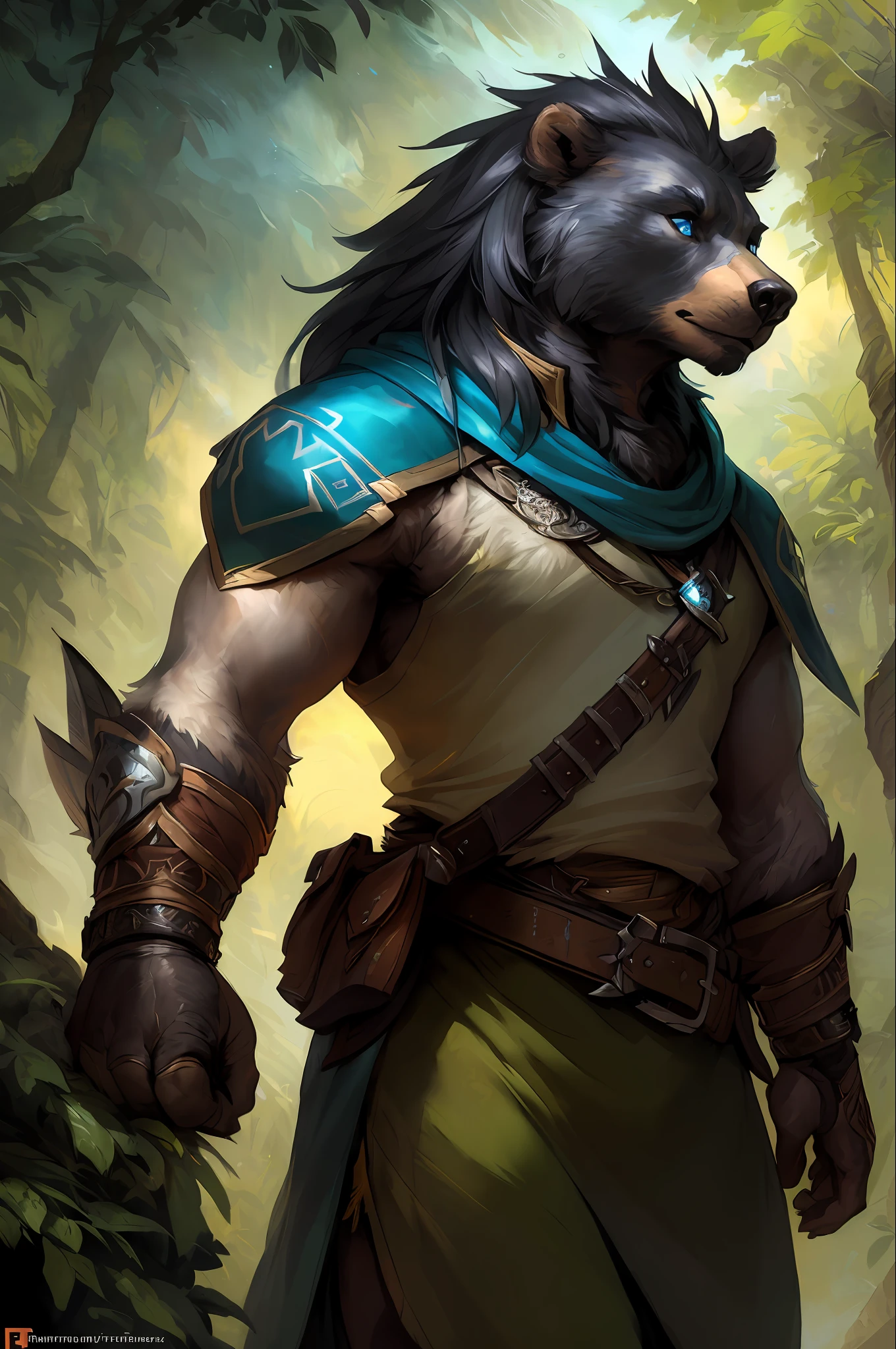 kenket, ross tran, ruan jia, bonifasko, a male bear made out of (wandering ranger), azure eyes, black mane of hairs, fantasy portrait, finely detailed tunic, intricate design, double blades, silk, cinematic lighting, 4k,
