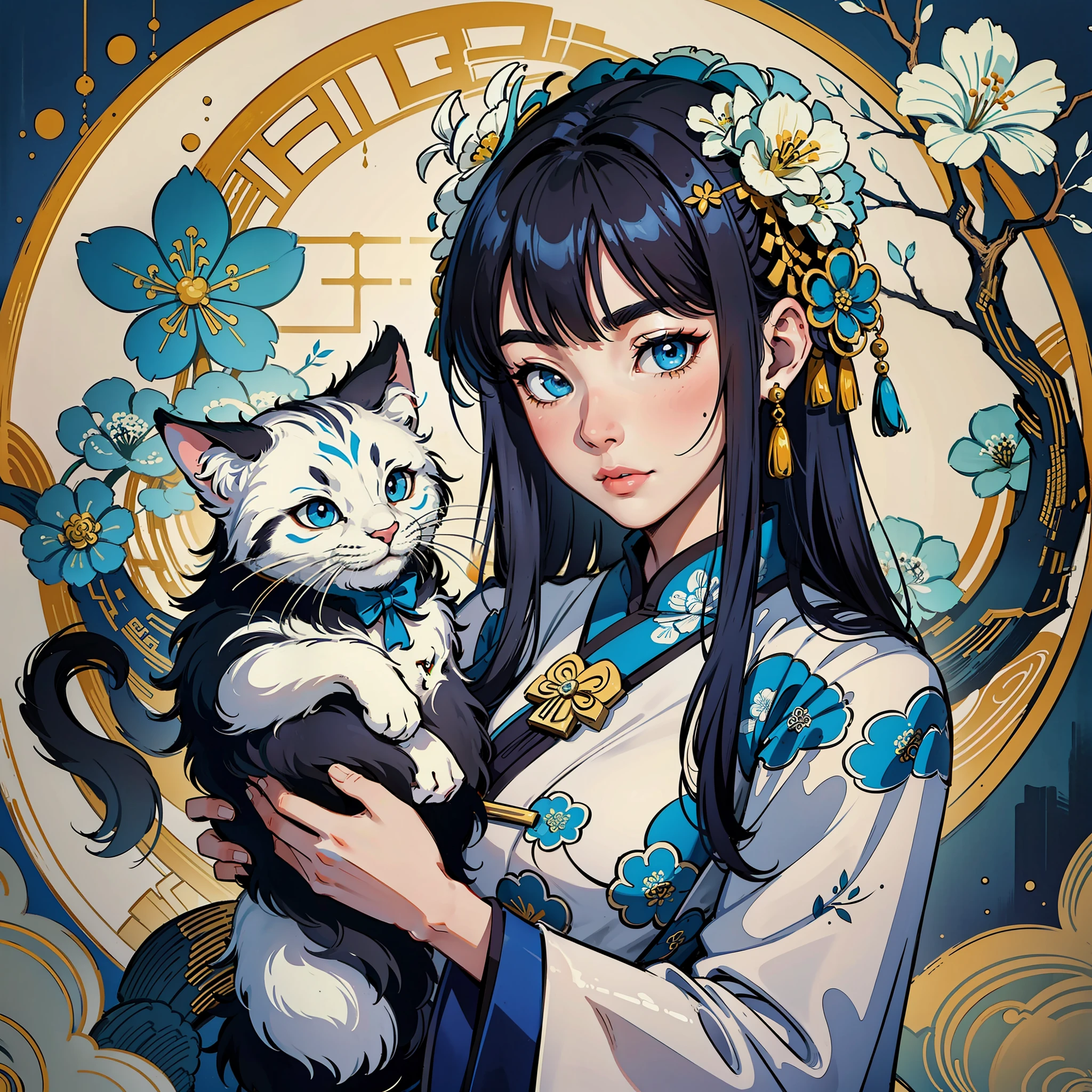 Style Wu Guanzhong, Chinese ink painting, meticulous fine brushwork, TangDynasty style, A very beautiful ancient girl holding a cute White Cat, The background is blue flower cluster flowers,with a good-looking face,Beguiling Smize , portrait face close-up, Wearing ancient Chinese Color clothing, 8K --ar 9:13 --auto --s2